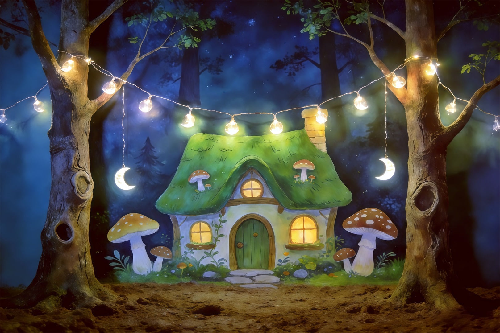 Cartoon Forest Backdrop Moonlit Mushroom Cottage Lights Forest Backdrop Ideas CSH61-213