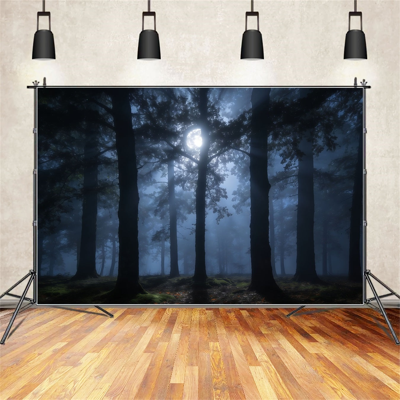 Creepy Forest Backdrop Misty Moon Shadowed Pines Forest Themed Backdrop CSH61-215