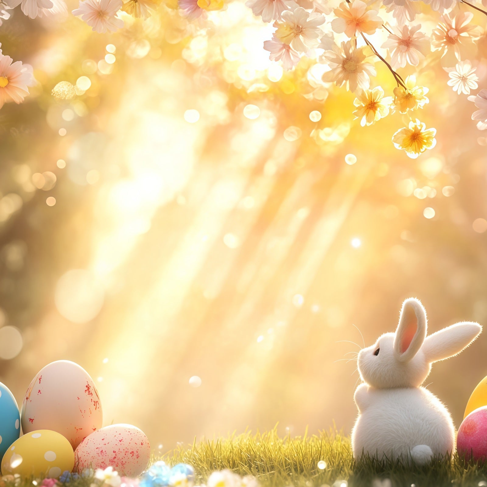 Easter Bunny Backdrop Sunlit Blossom Eggs Meadow Easter Photo Backdrop CSH61-22