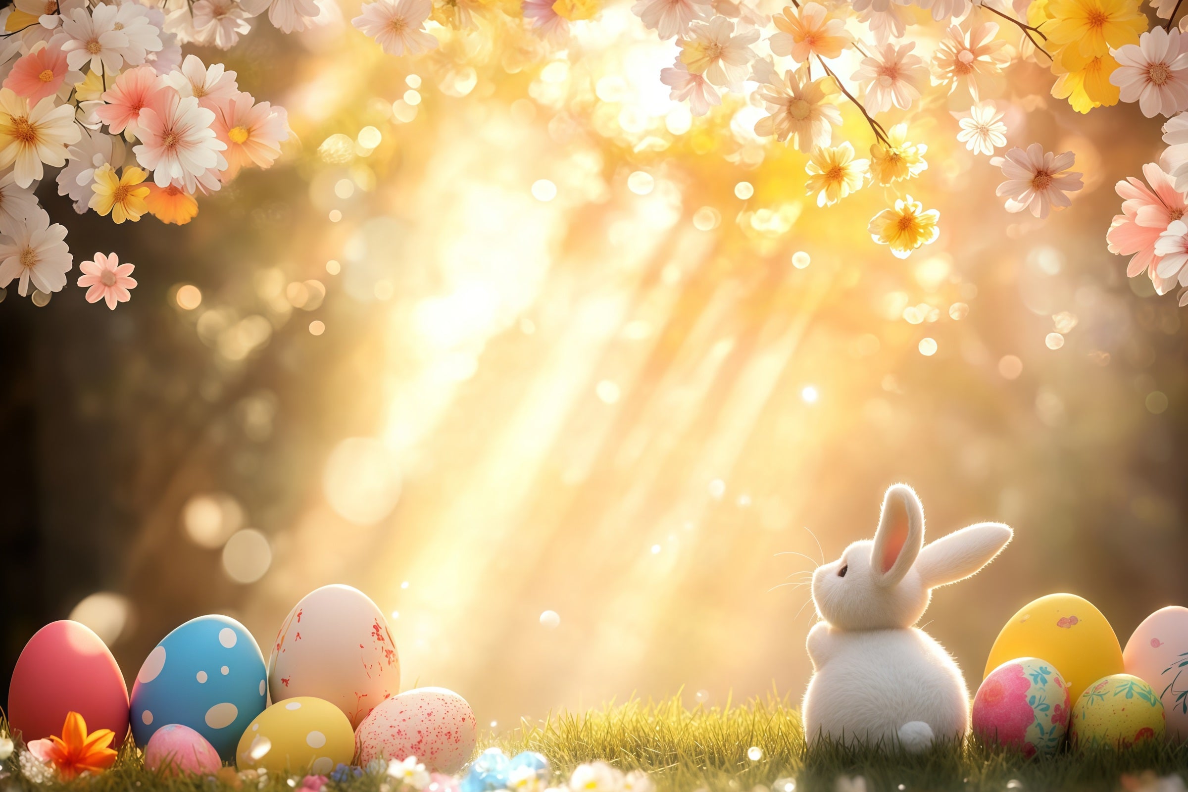 Easter Bunny Backdrop Sunlit Blossom Eggs Meadow Easter Photo Backdrop CSH61-22