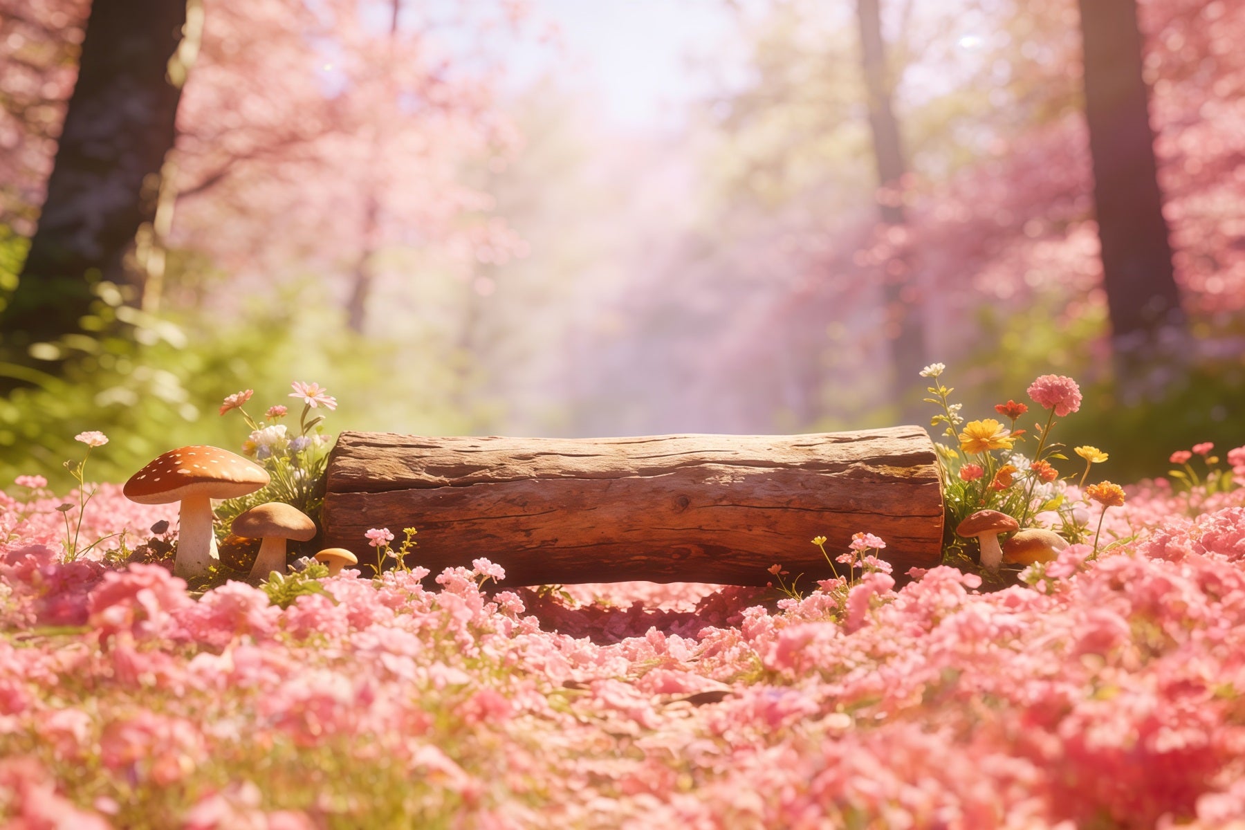 Forest Backdrop Pink Petal Log Meadow Forest Photography Backdrop CSH61-224