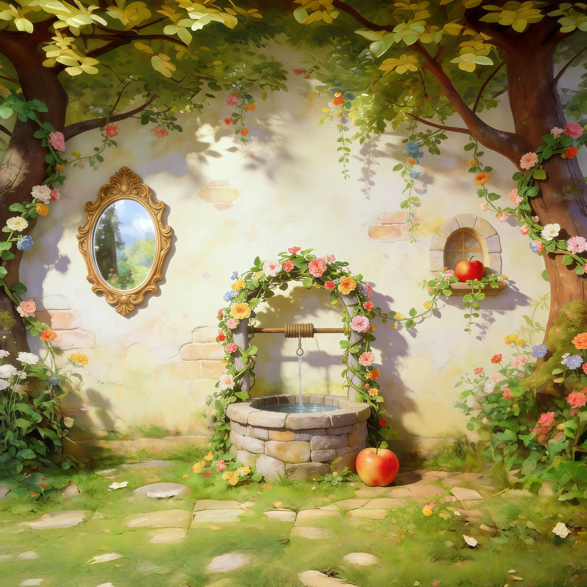 Fantasy Forest Backdrop Enchanted Garden Wishing Well Forest Photo Backdrops CSH61-225