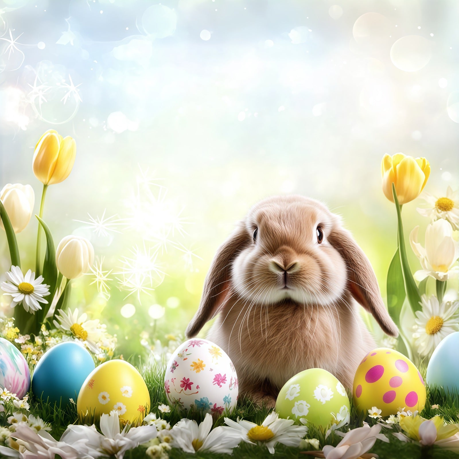 Easter Bunny Backdrop Spring Floral Eggs Bokeh Sunlight Backdrop Easter CSH61-25