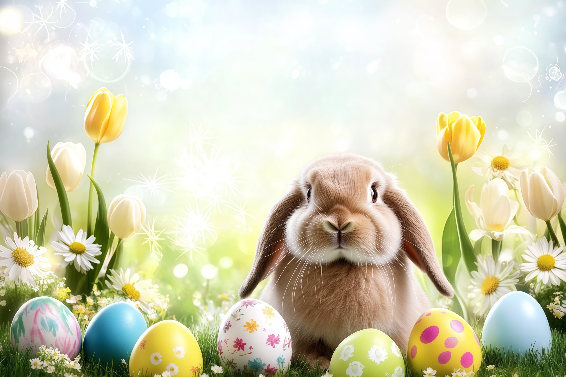 Easter Bunny Backdrop Spring Floral Eggs Bokeh Sunlight Backdrop Easter CSH61-25