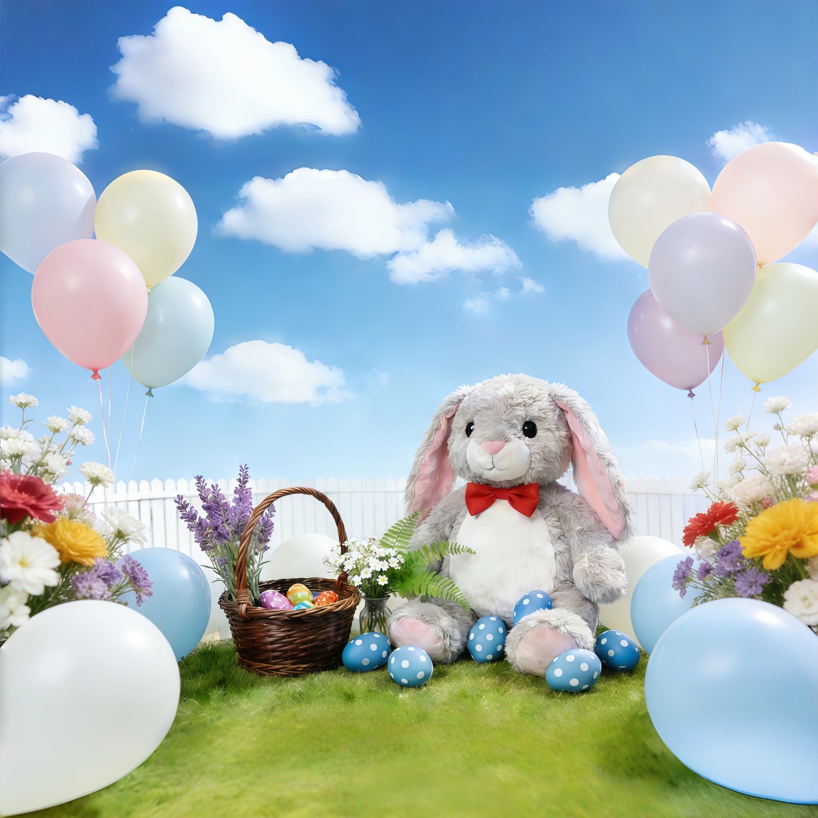 Easter Bunny Backdrop Pastel Balloon Spring Flowers Garden Backdrop Easter CSH61-26