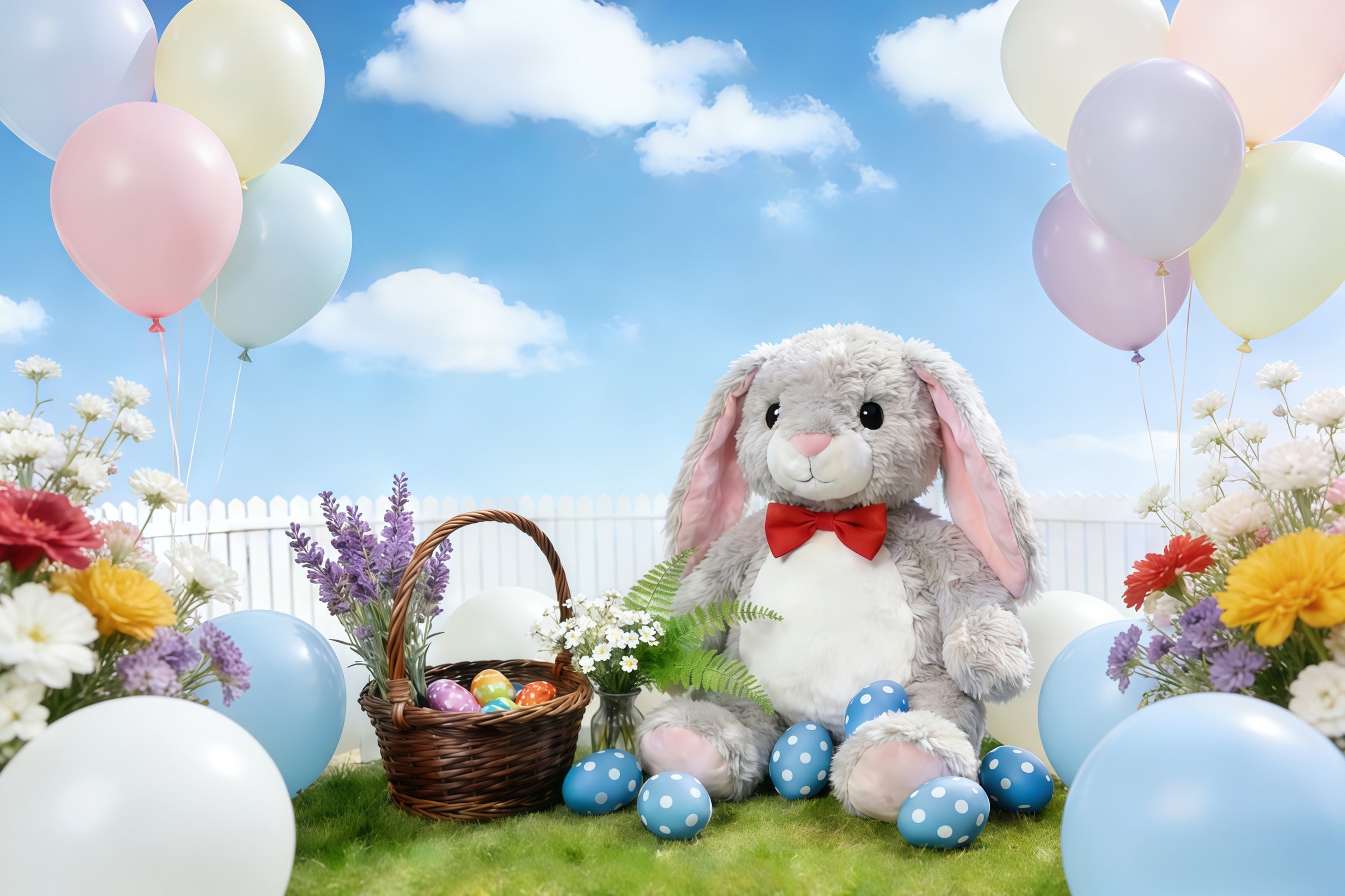 Easter Bunny Backdrop Pastel Balloon Spring Flowers Garden Backdrop Easter CSH61-26