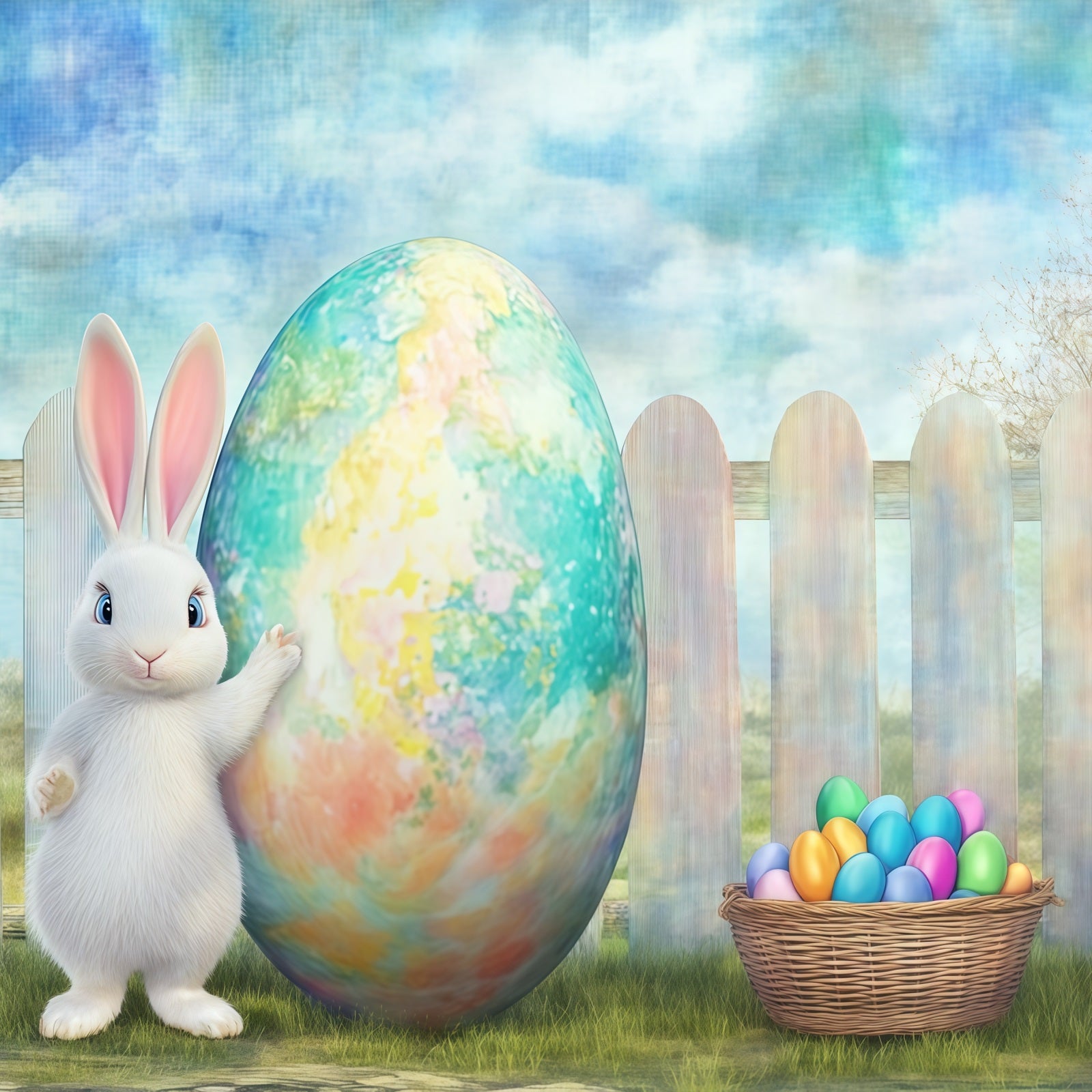 Easter Bunny Backdrop Giant Painted Egg Rustic Garden Backdrop Easter CSH61-27