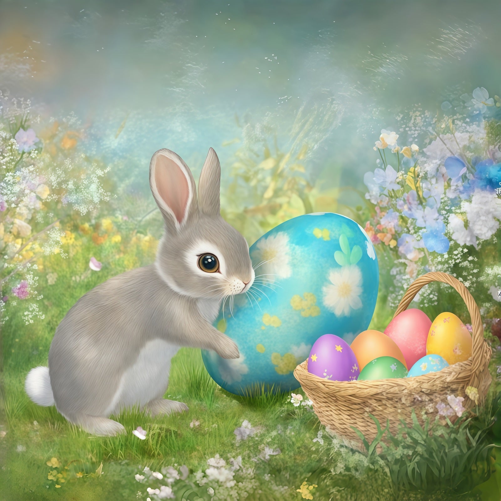 Easter Bunny Backdrop Painted Egg Basket Spring Flowers Backdrop Easter CSH61-28