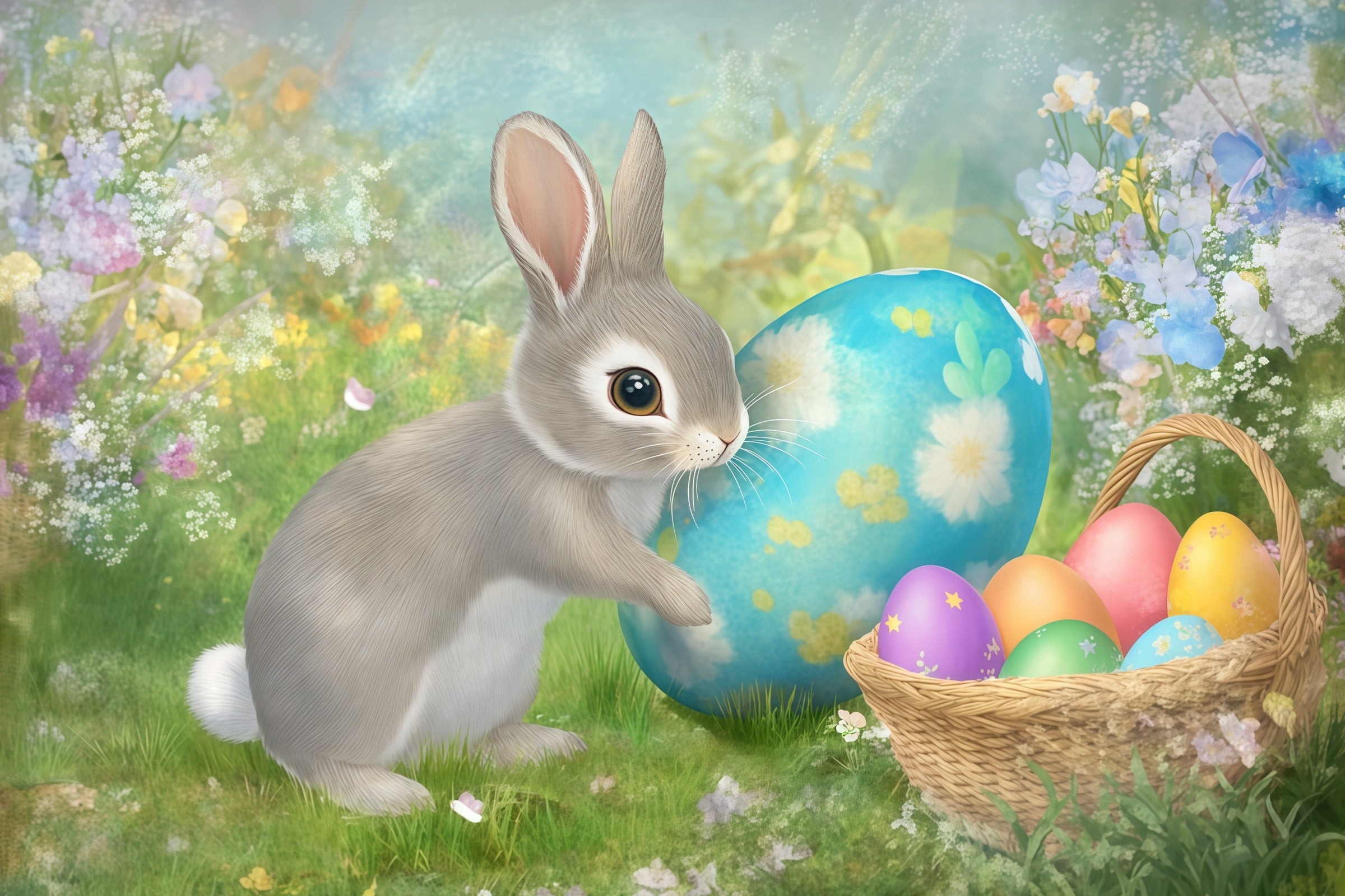 Easter Bunny Backdrop Painted Egg Basket Spring Flowers Backdrop Easter CSH61-28