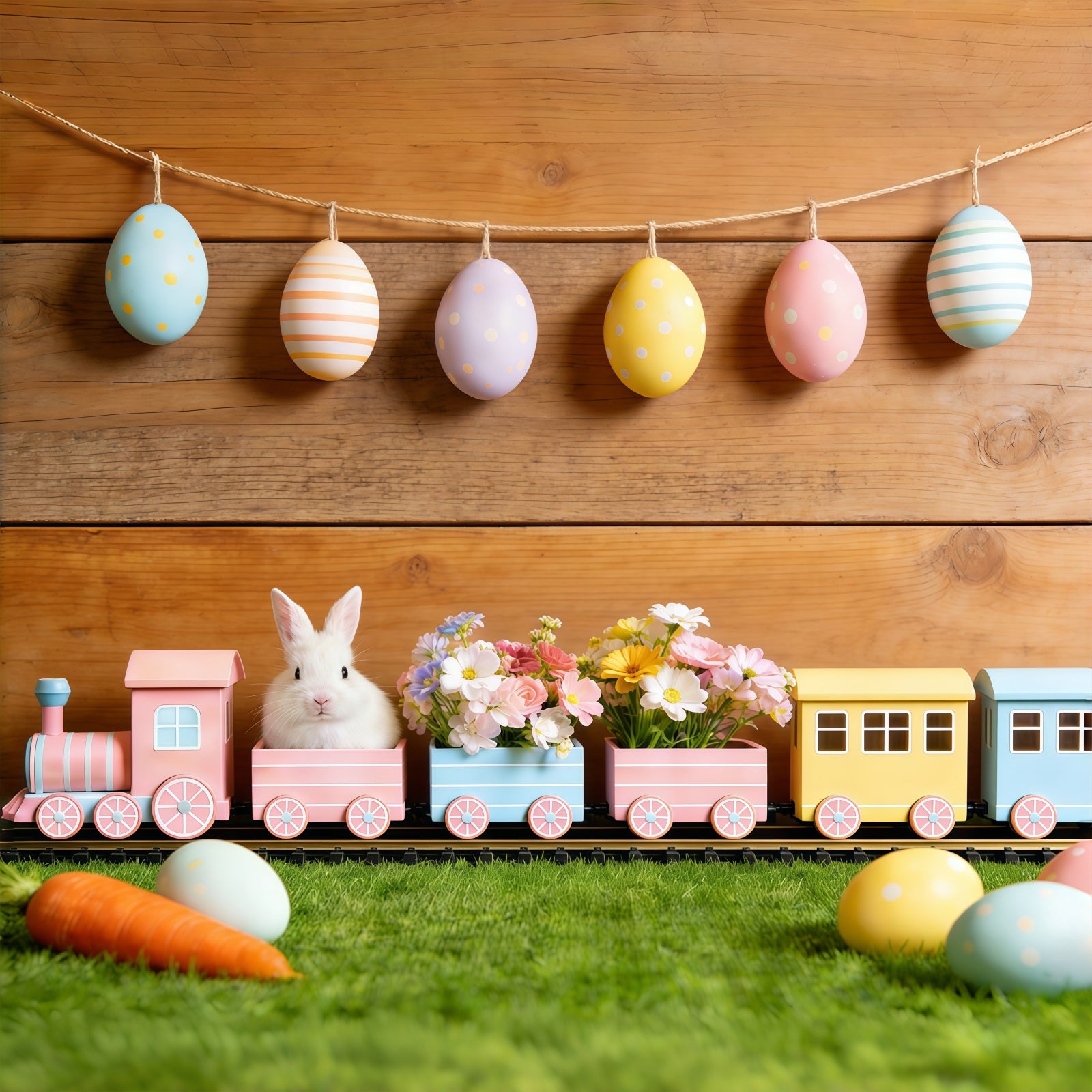 Easter Bunny Backdrop Pastel Egg Garland Wood Wall Easter Backdrop For Pictures CSH61-30