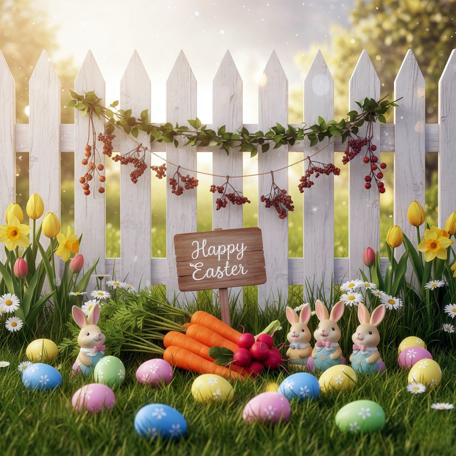 Easter Bunny Photo Backdrop Spring Garden Fence Carrots Easter Photo Backdrop Ideas CSH61-35