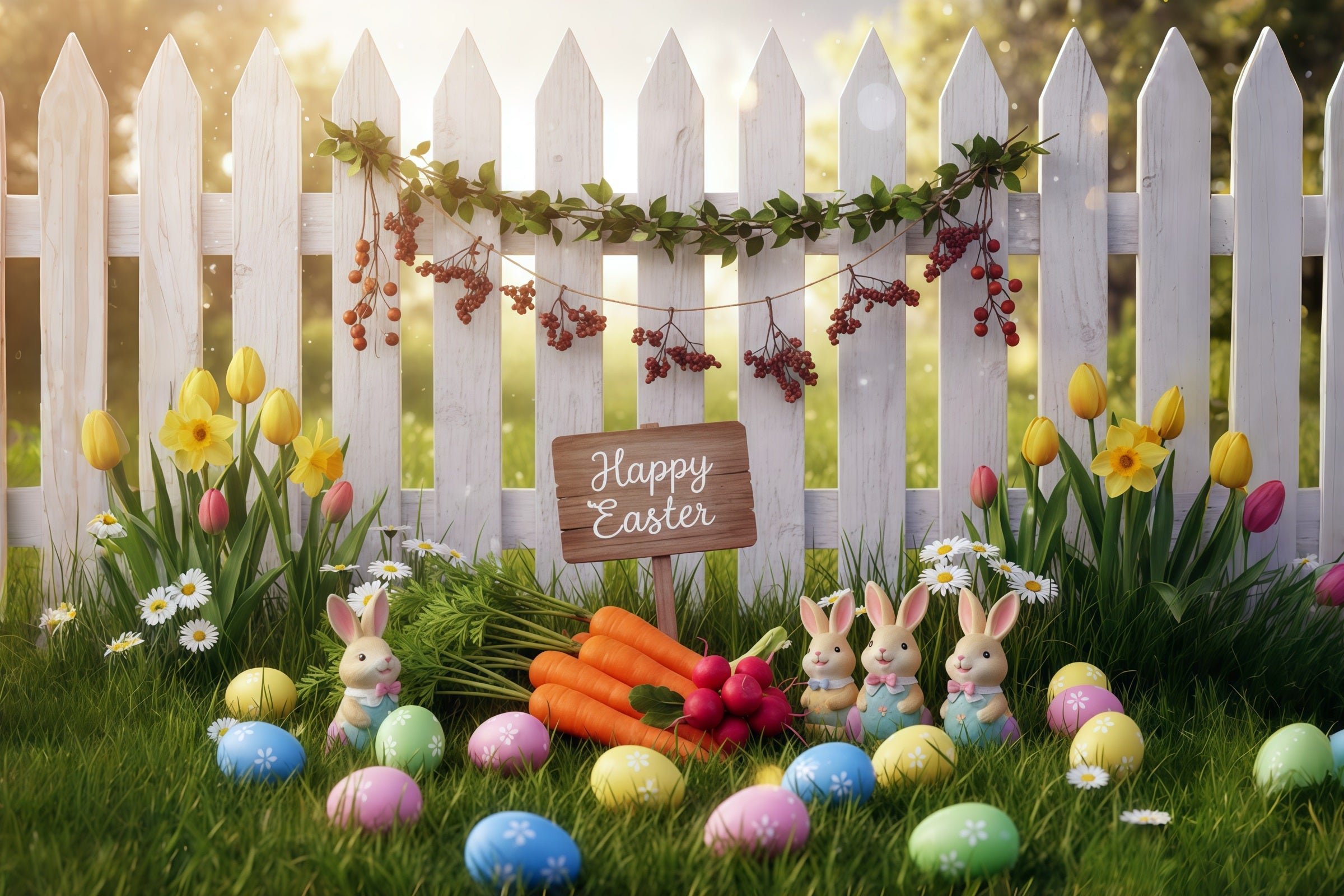 Easter Bunny Photo Backdrop Spring Garden Fence Carrots Easter Photo Backdrop Ideas CSH61-35