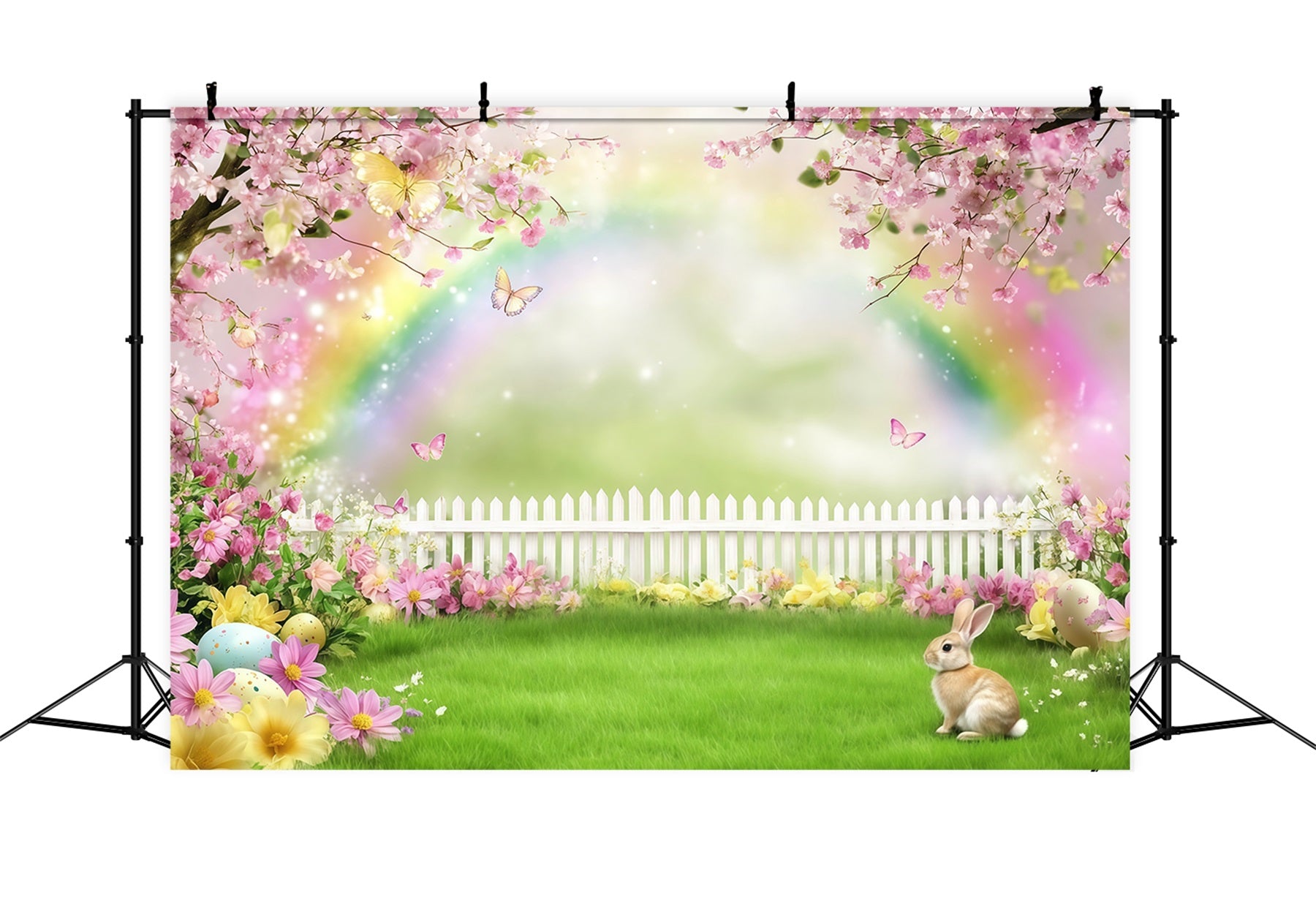 Easter Bunny Photo Backdrop Rainbow Blossom Meadow flowers Easter Backdrop Photography CSH61-36