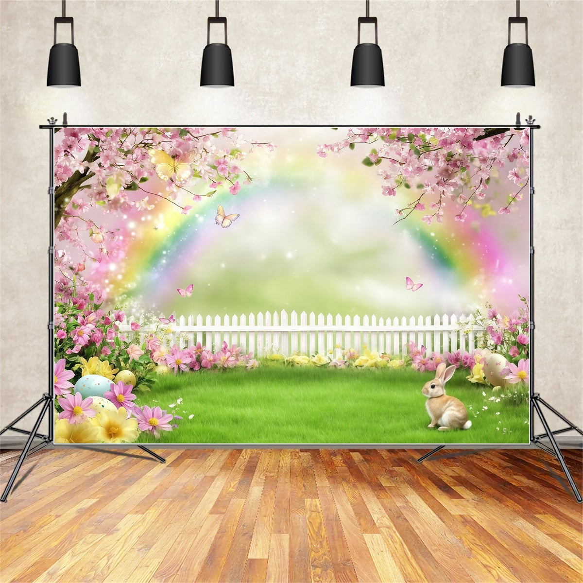 Easter Bunny Photo Backdrop Rainbow Blossom Meadow flowers Easter Backdrop Photography CSH61-36