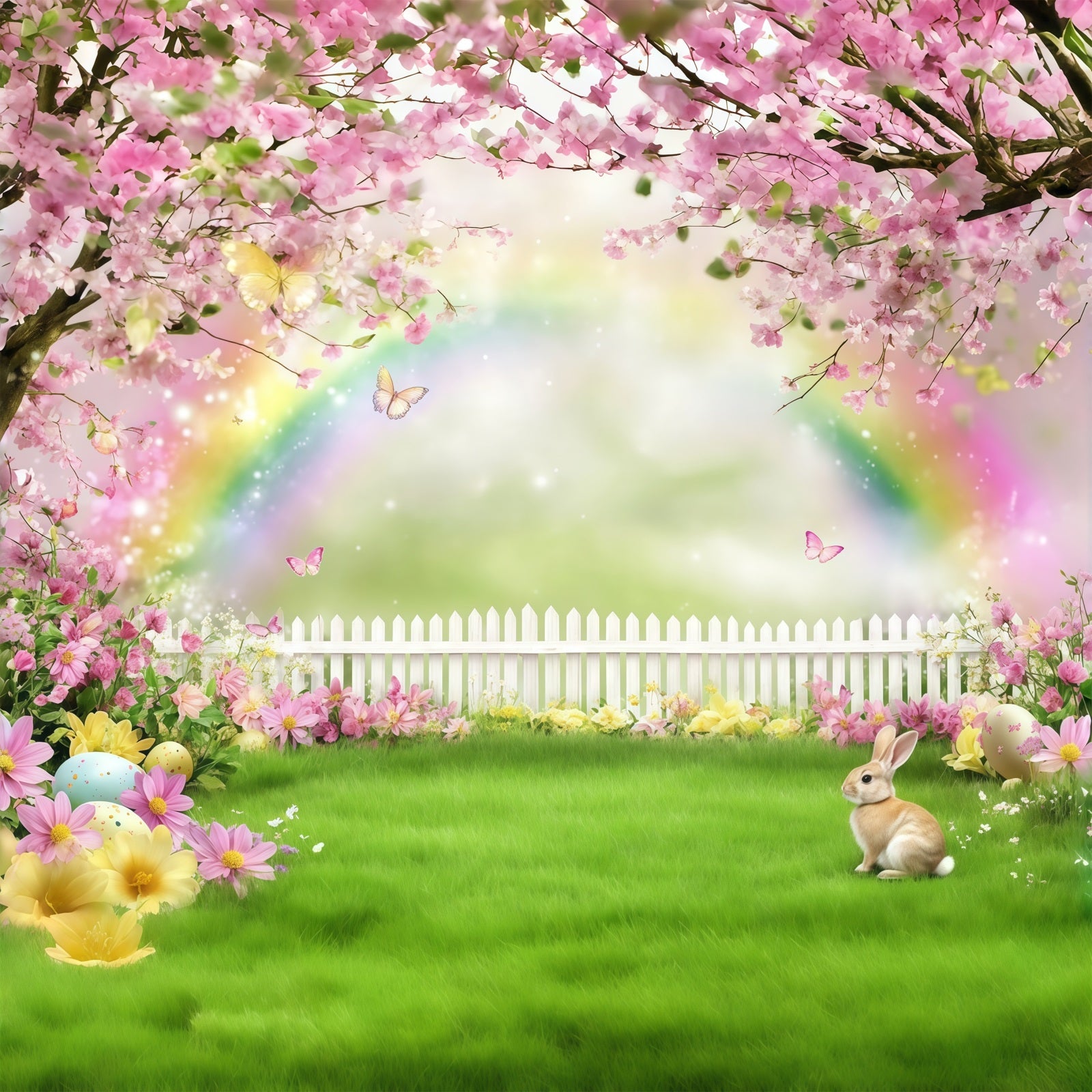 Easter Bunny Photo Backdrop Rainbow Blossom Meadow flowers Easter Backdrop Photography CSH61-36
