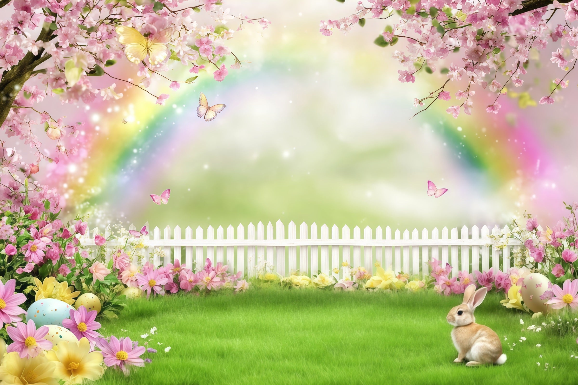 Easter Bunny Photo Backdrop Rainbow Blossom Meadow flowers Easter Backdrop Photography CSH61-36