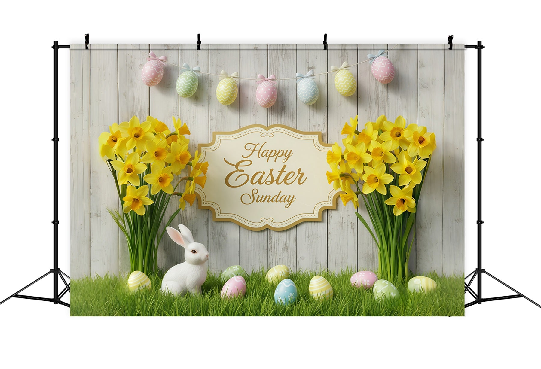 Easter Photo Backdrop For Church Rustic Wood Daffodil Bunny Easter Sunday Backdrop CSH61-4