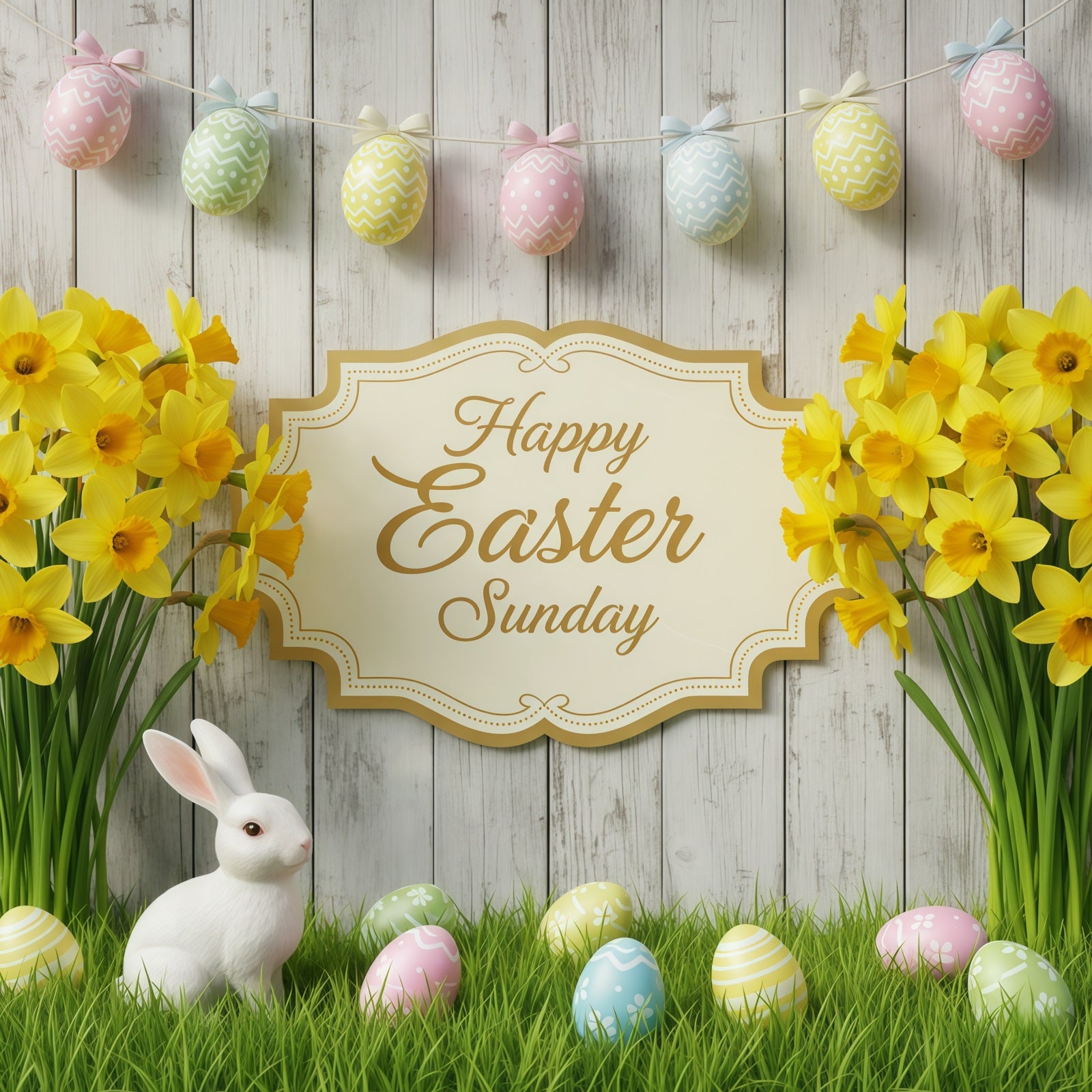 Easter Photo Backdrop For Church Rustic Wood Daffodil Bunny Easter Sunday Backdrop CSH61-4