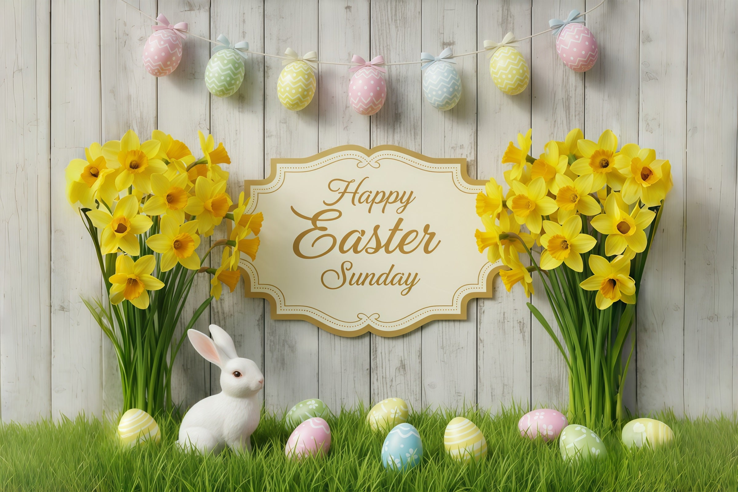 Easter Photo Backdrop For Church Rustic Wood Daffodil Bunny Easter Sunday Backdrop CSH61-4