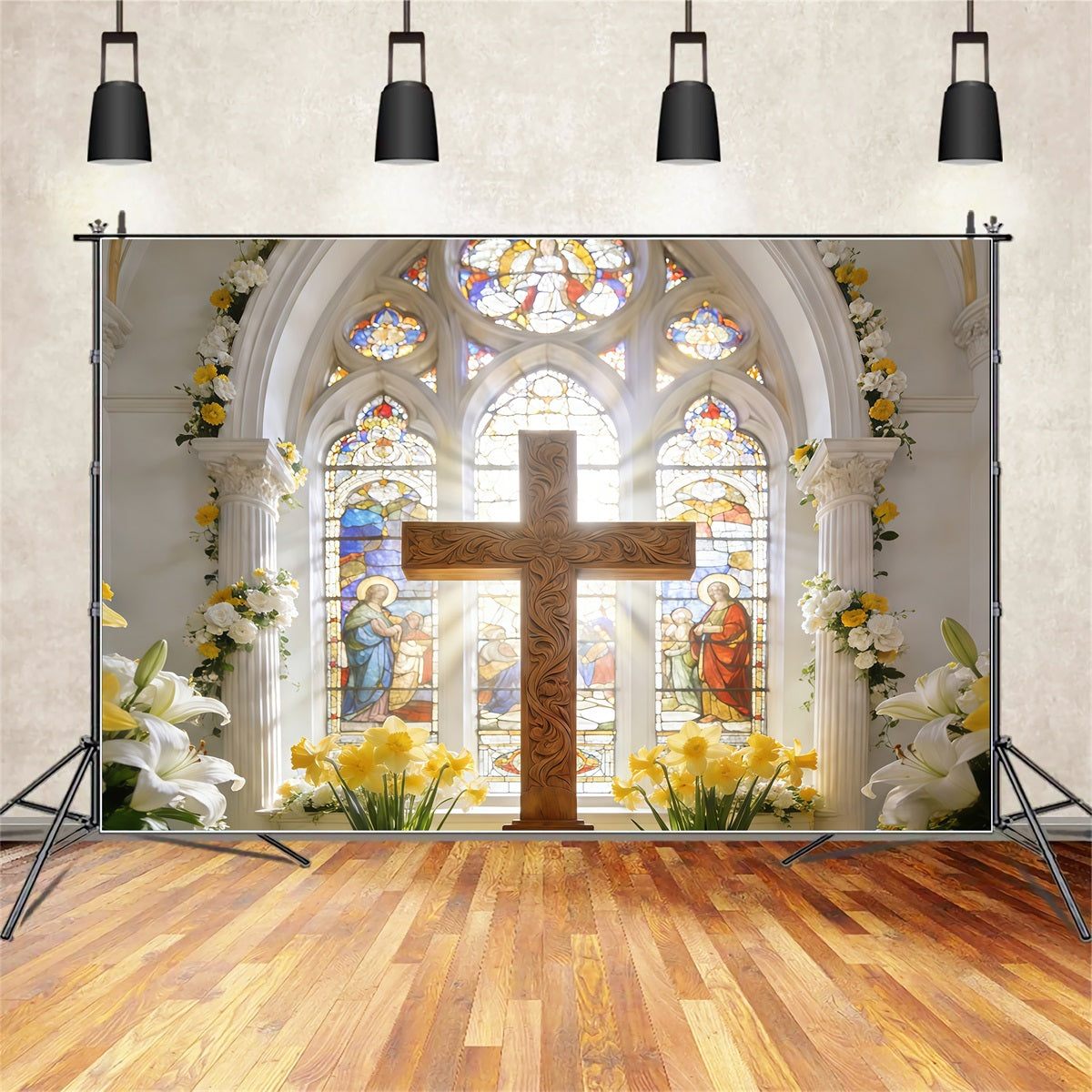 Cross Backdrops Sacred Cathedral Cross Stained Glass Easter Backdrop CSH61-40