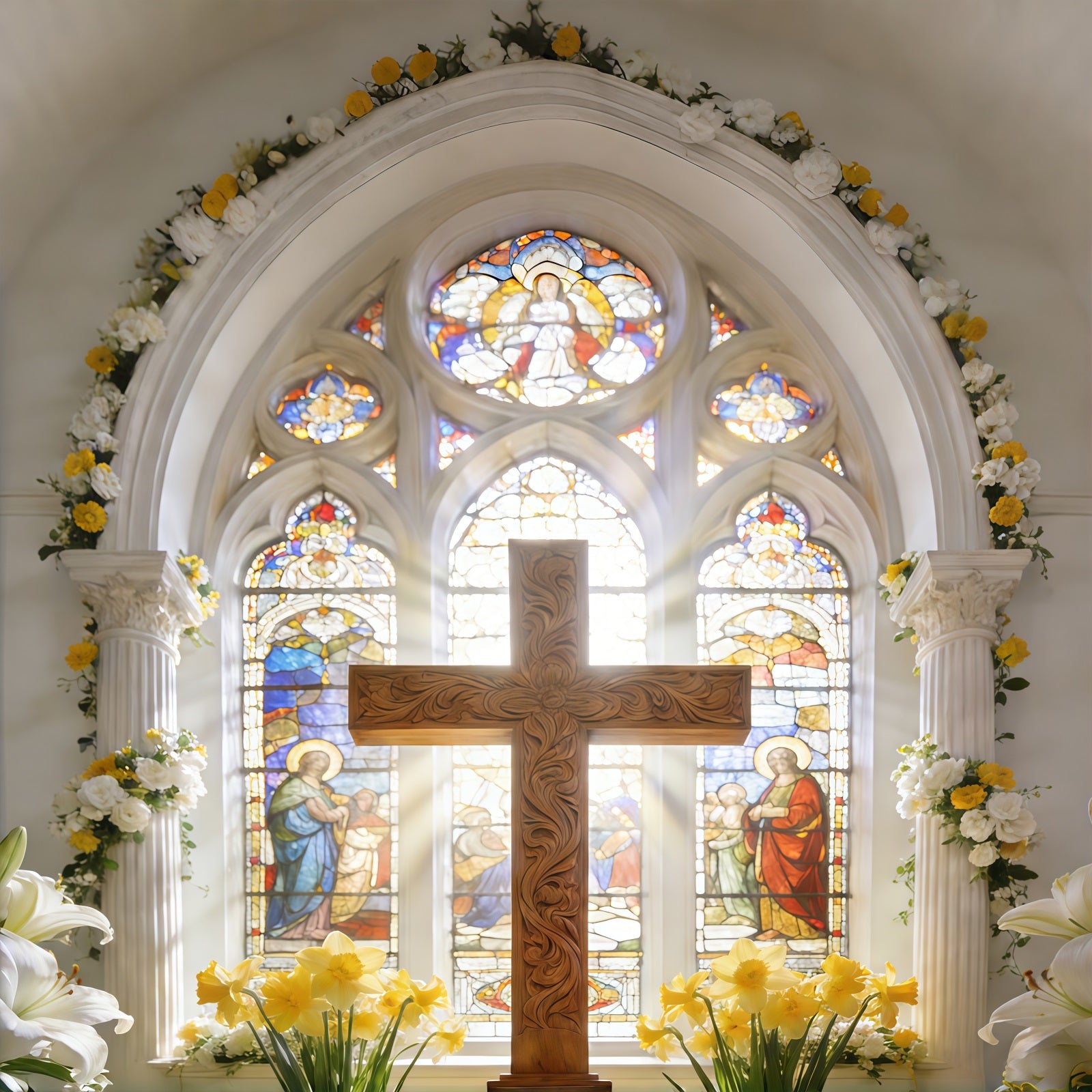 Cross Backdrops Sacred Cathedral Cross Stained Glass Easter Backdrop CSH61-40