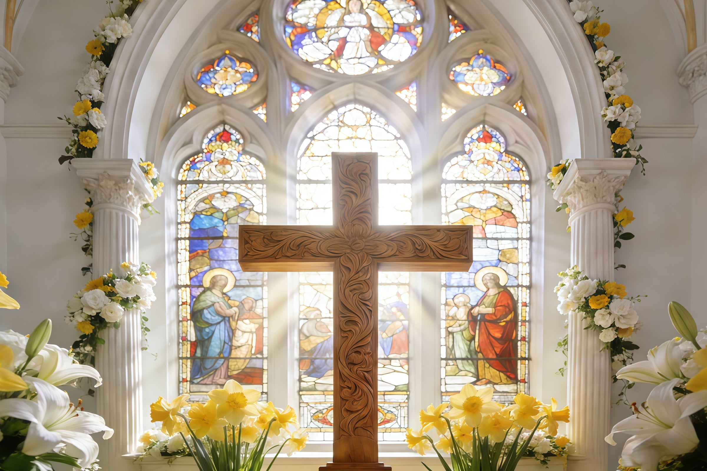 Cross Backdrops Sacred Cathedral Cross Stained Glass Easter Backdrop CSH61-40
