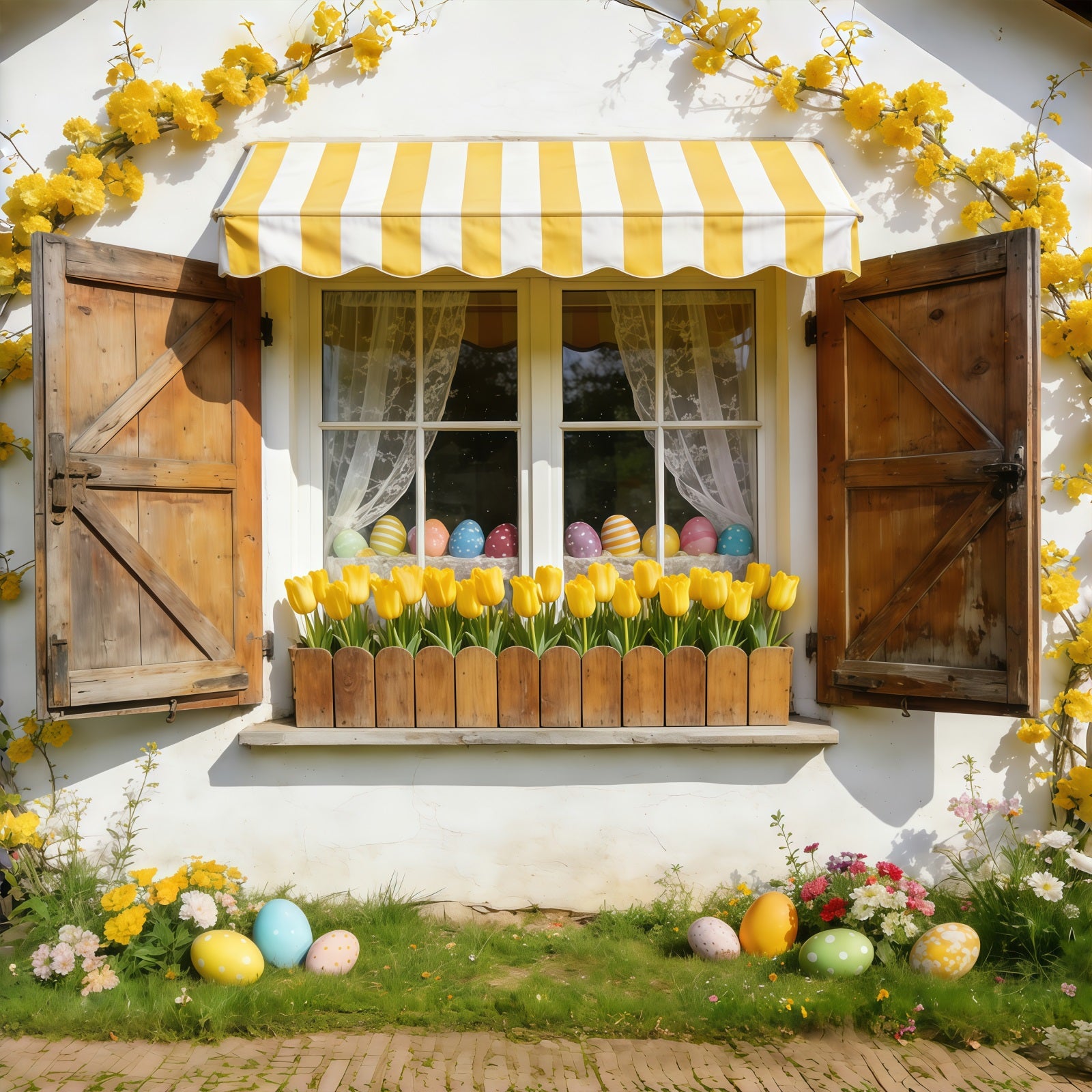 Tulip Backdrop Yellow Awning Cottage Window Easter Picture Backdrops CSH61-41