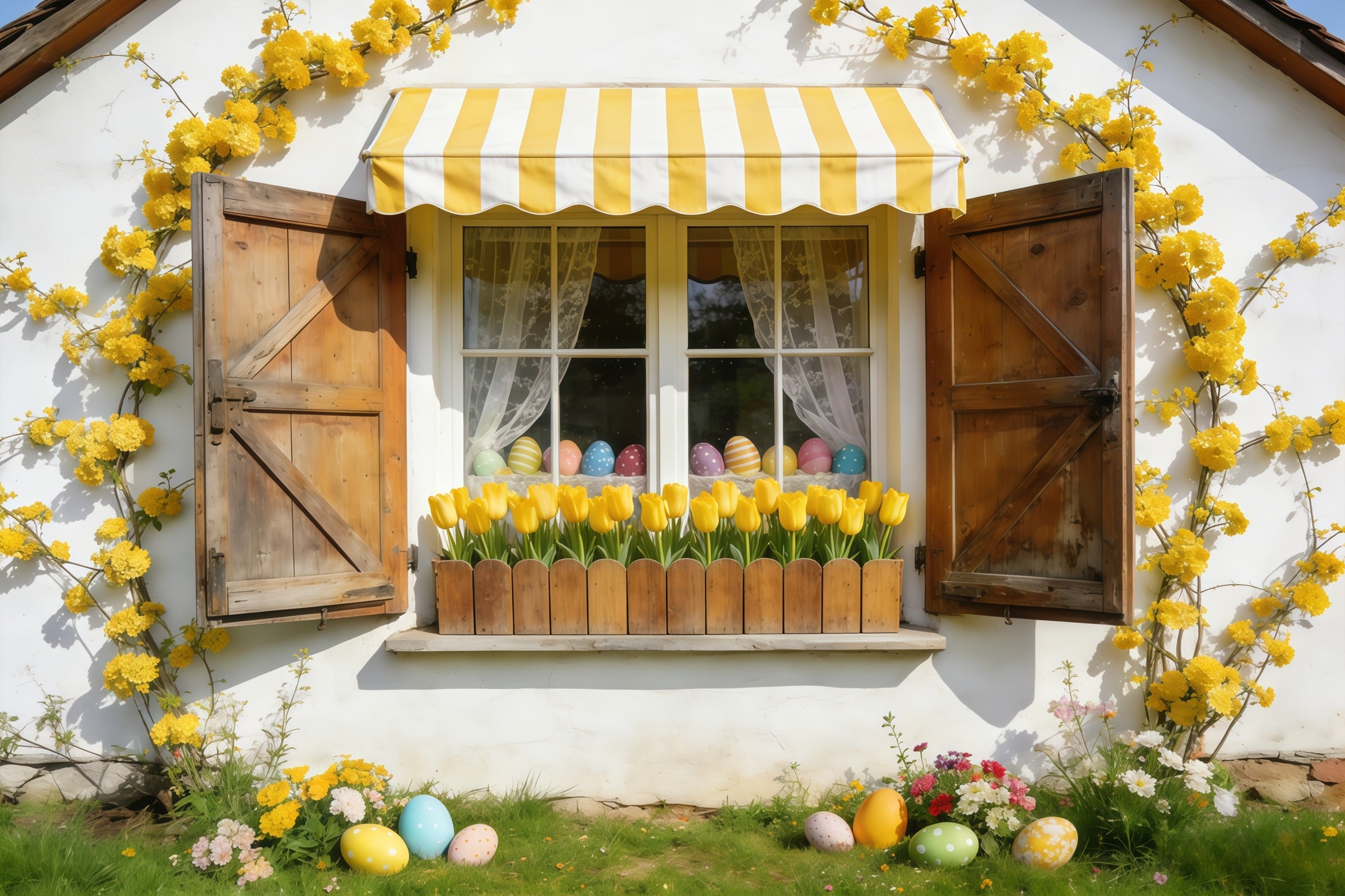 Tulip Backdrop Yellow Awning Cottage Window Easter Picture Backdrops CSH61-41