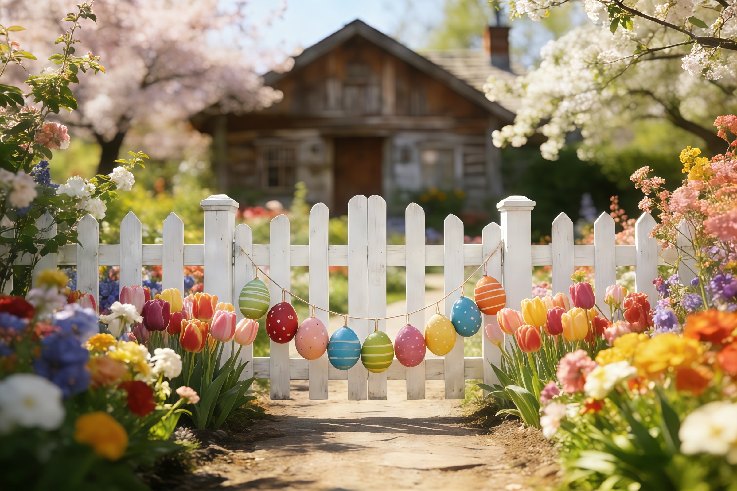 Tulip Backdrop Spring Garden Fence Path Easter Photography Backdrops CSH61-42