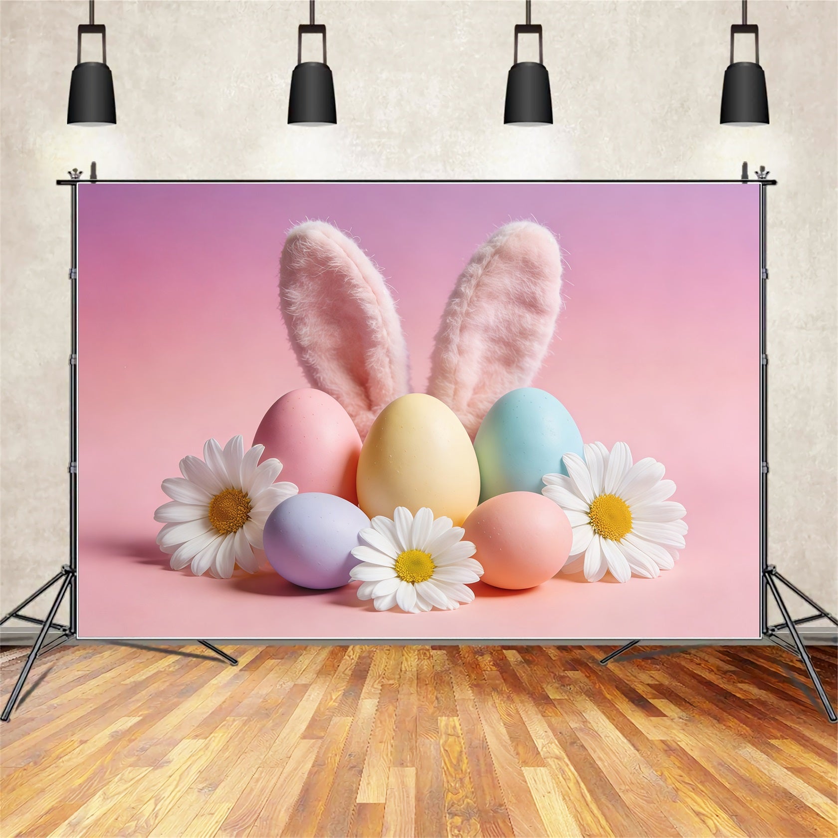 Easter Bunny Backdrop Ideas Ears Pastel Eggs Daisies Easter Photo Backdrops CSH61-49