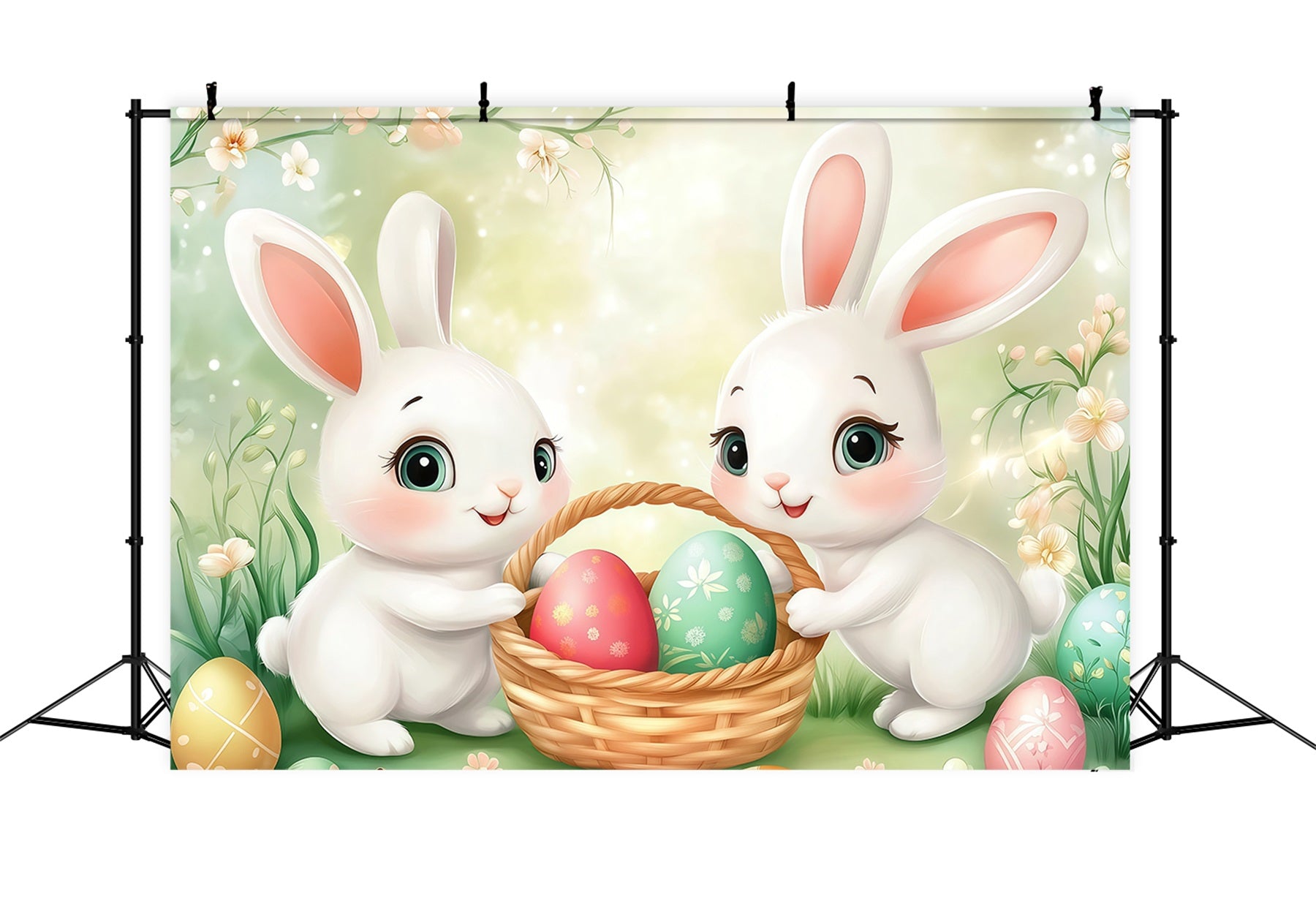 Easter Egg Hunt Backdrop Cartoon Bunny Basket Meadow Easter Picture Backdrops CSH61-50
