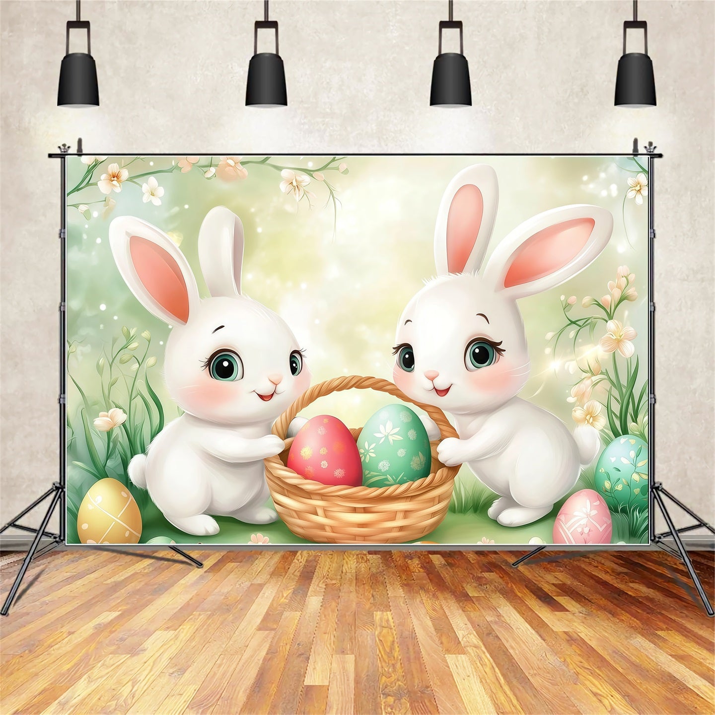 Easter Egg Hunt Backdrop Cartoon Bunny Basket Meadow Easter Picture Backdrops CSH61-50