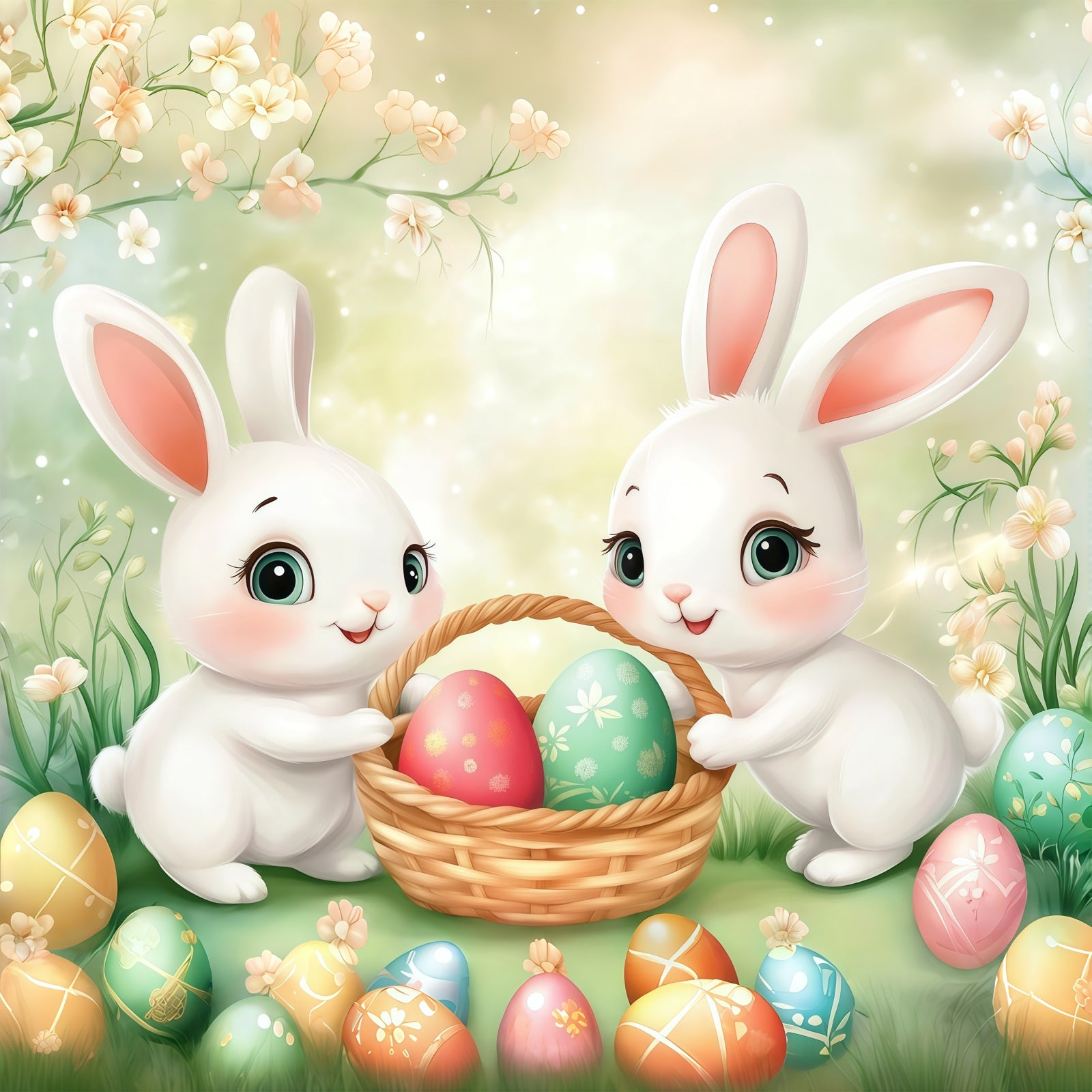 Easter Egg Hunt Backdrop Cartoon Bunny Basket Meadow Easter Picture Backdrops CSH61-50