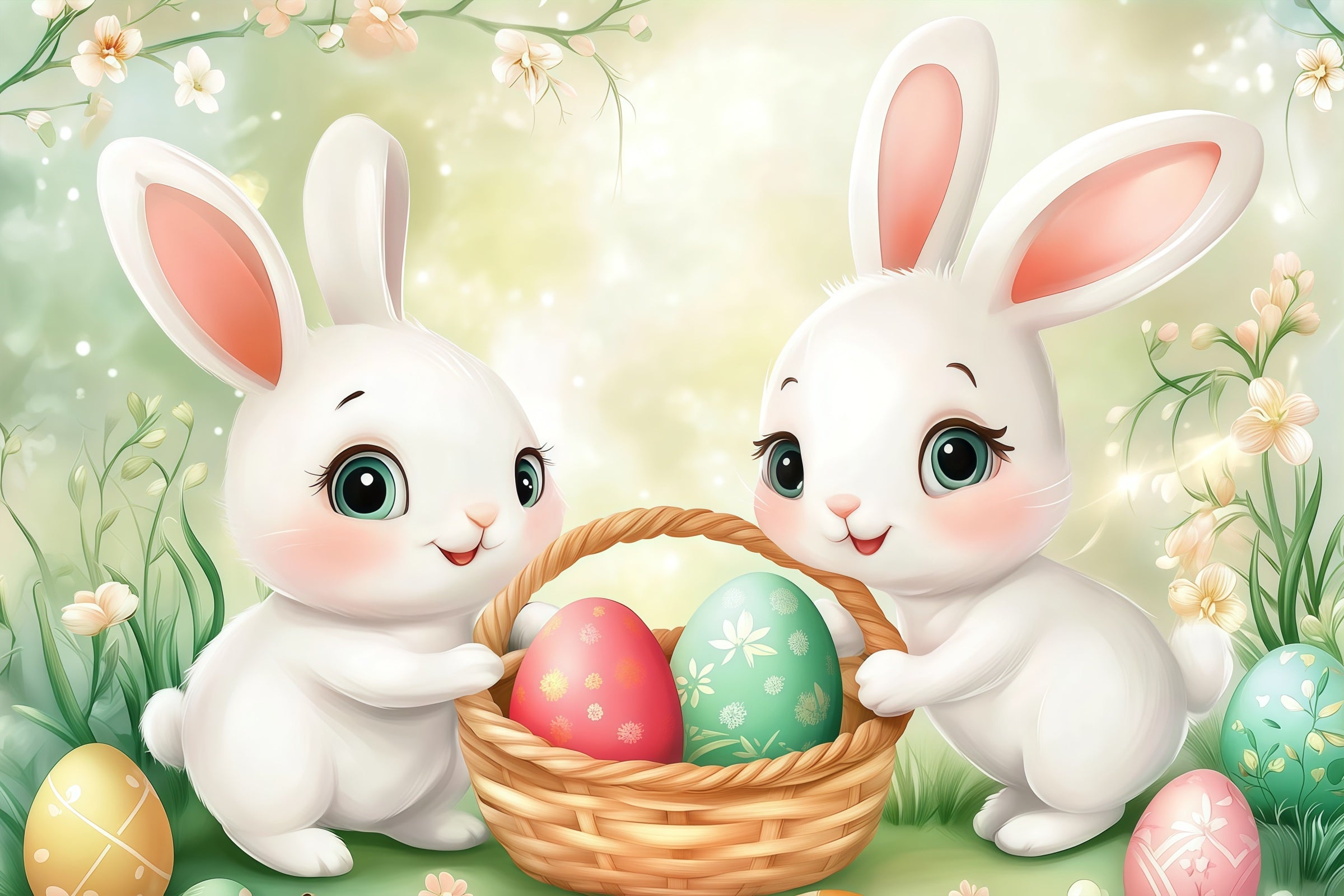 Easter Egg Hunt Backdrop Cartoon Bunny Basket Meadow Easter Picture Backdrops CSH61-50