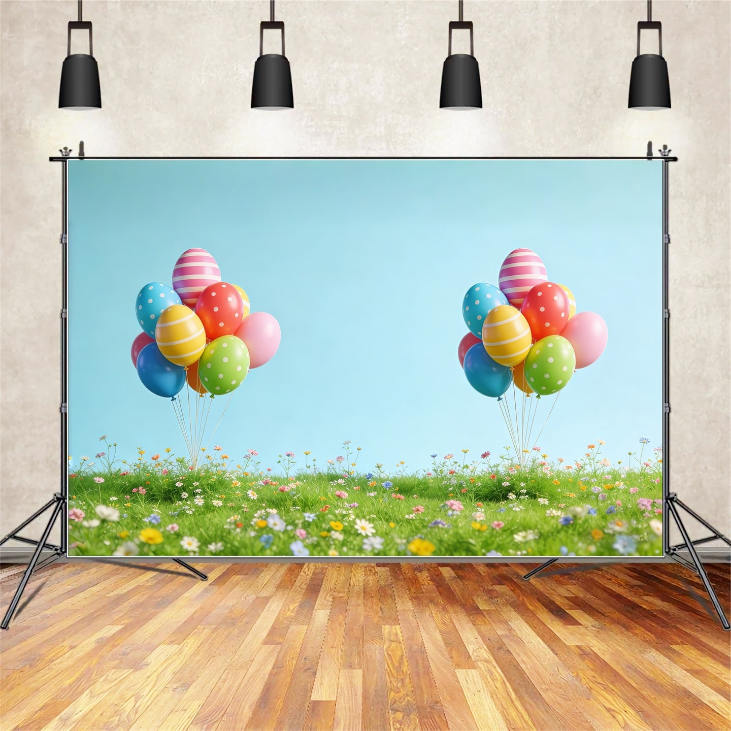 Easter Egg Hunt Backdrop Spring Balloon Meadow Wildflower Easter Photo Backdrops CSH61-52