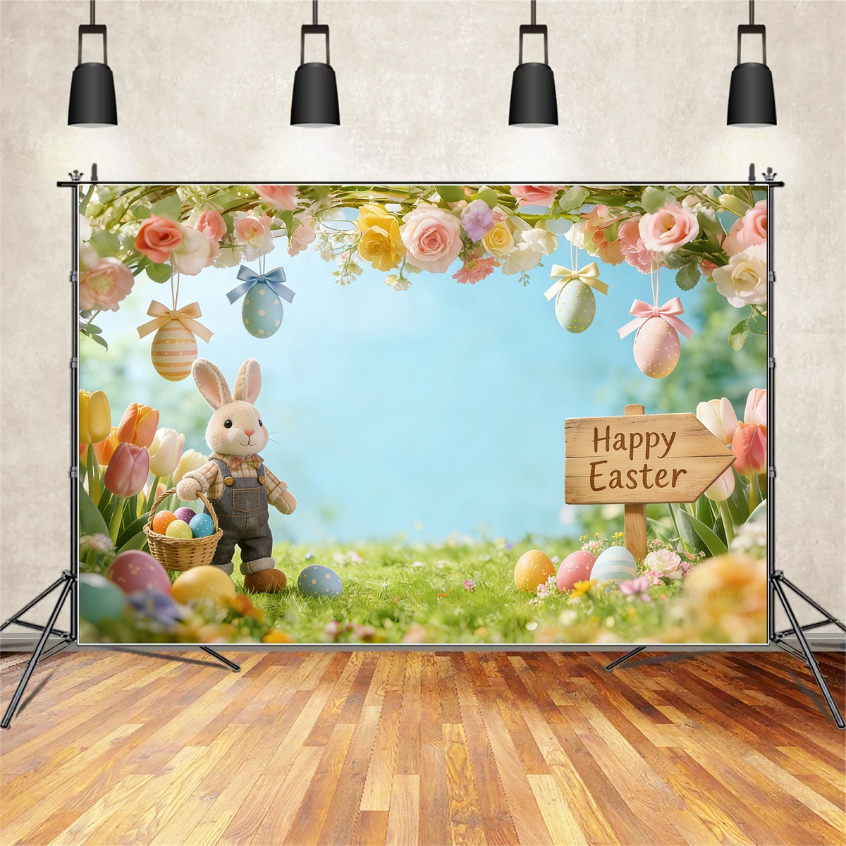 Easter Bunny Backdrop For Photos Flowering Branches Meadow Eggs Easter Photo Backdrop CSH61-53