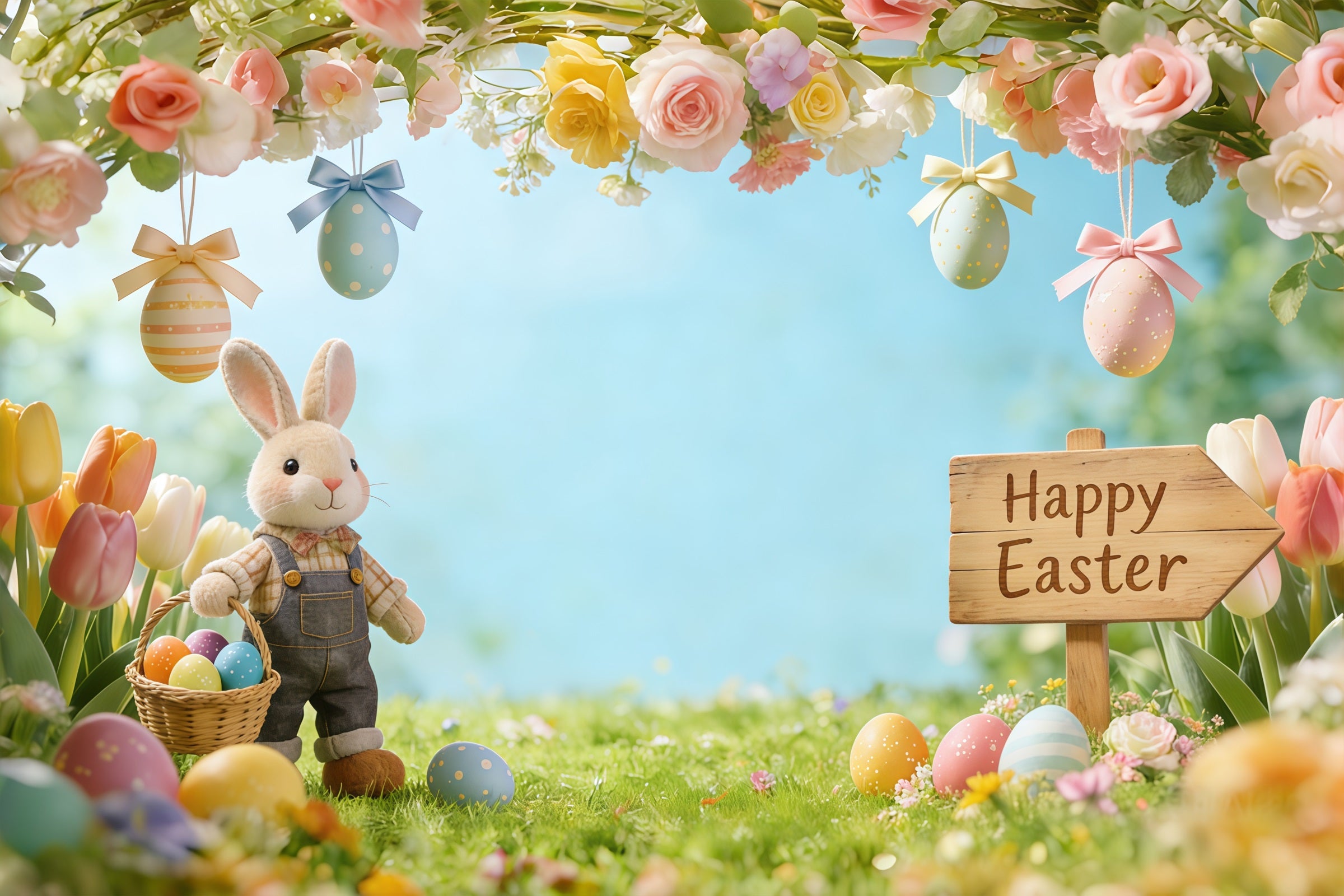 Easter Bunny Backdrop For Photos Flowering Branches Meadow Eggs Easter Photo Backdrop CSH61-53