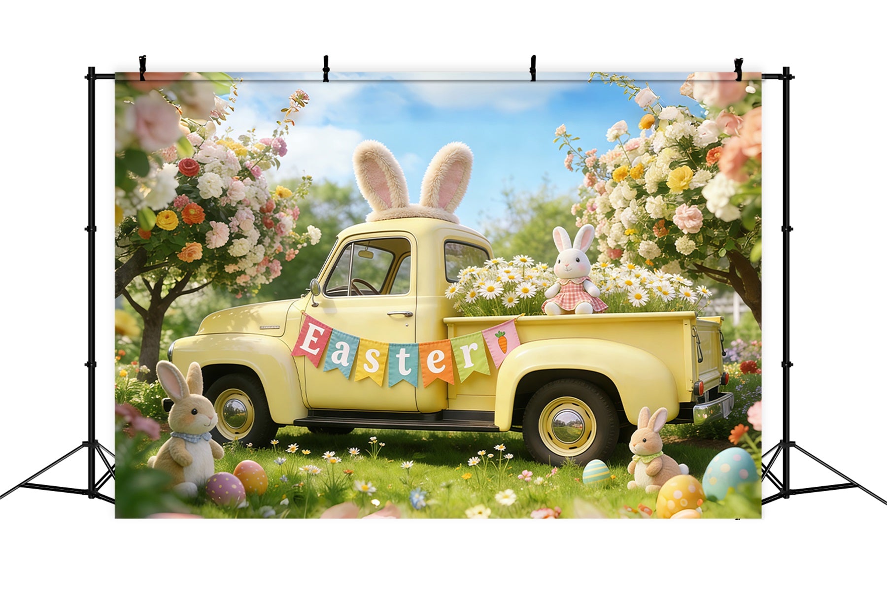 Easter Bunny Backdrop For Photos Spring Blossoms Pickup Truck Easter Backdrops For Photography CSH61-54