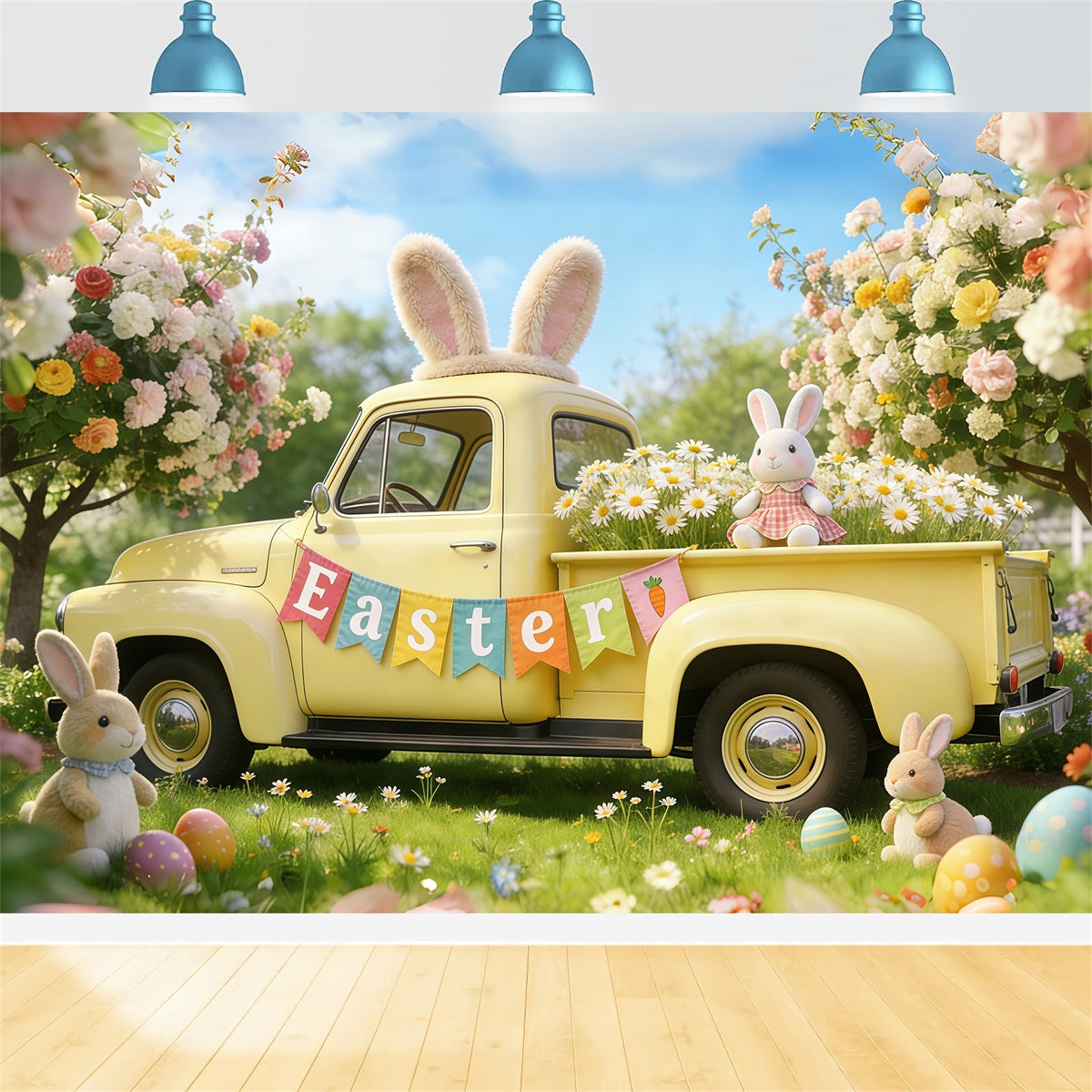 Easter Bunny Backdrop For Photos Spring Blossoms Pickup Truck Easter Backdrops For Photography CSH61-54