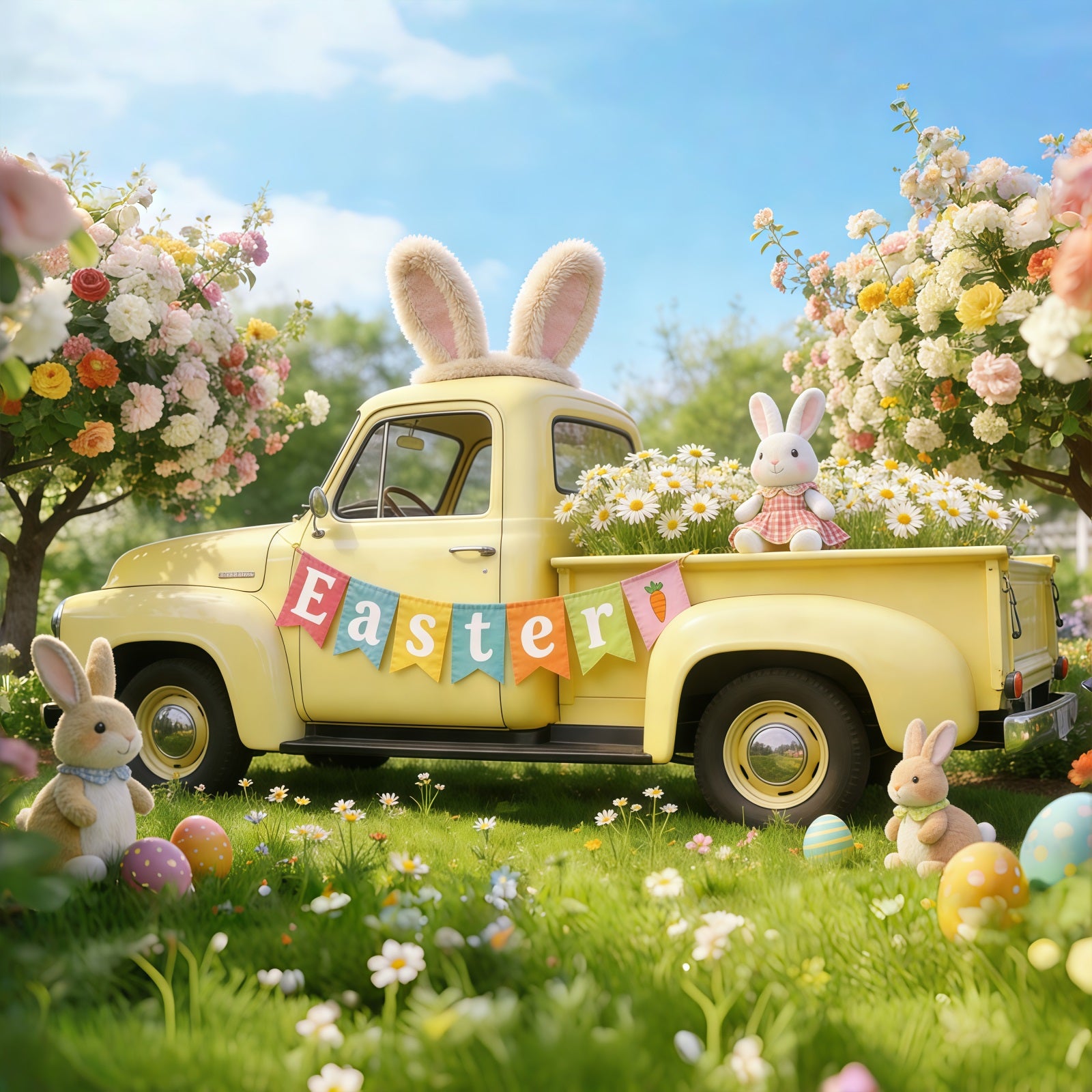 Easter Bunny Backdrop For Photos Spring Blossoms Pickup Truck Easter Backdrops For Photography CSH61-54