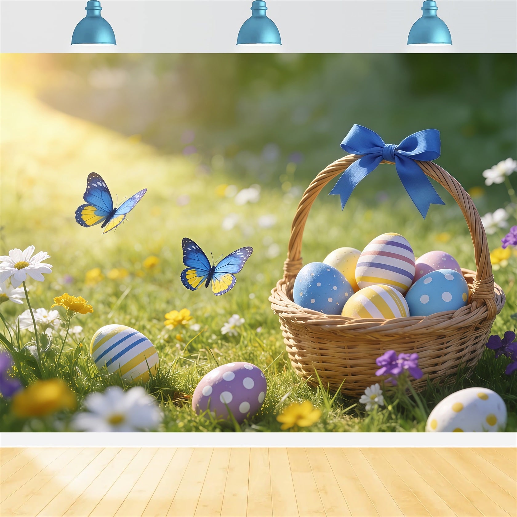 Easter Basket Backdrop Butterfly Egg Meadow Sunlight Easter Backdrops For Photography CSH61-59