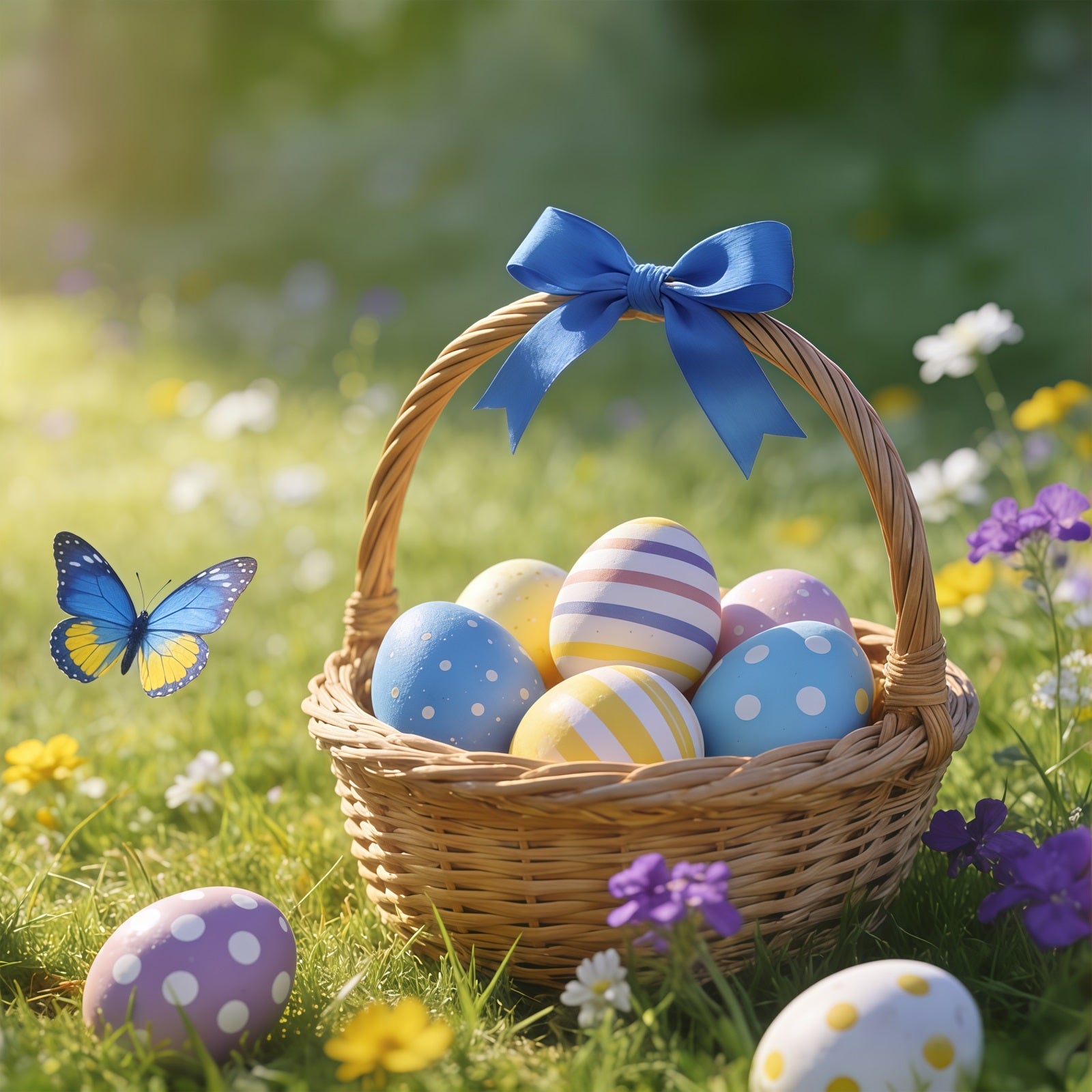 Easter Basket Backdrop Butterfly Egg Meadow Sunlight Easter Backdrops For Photography CSH61-59