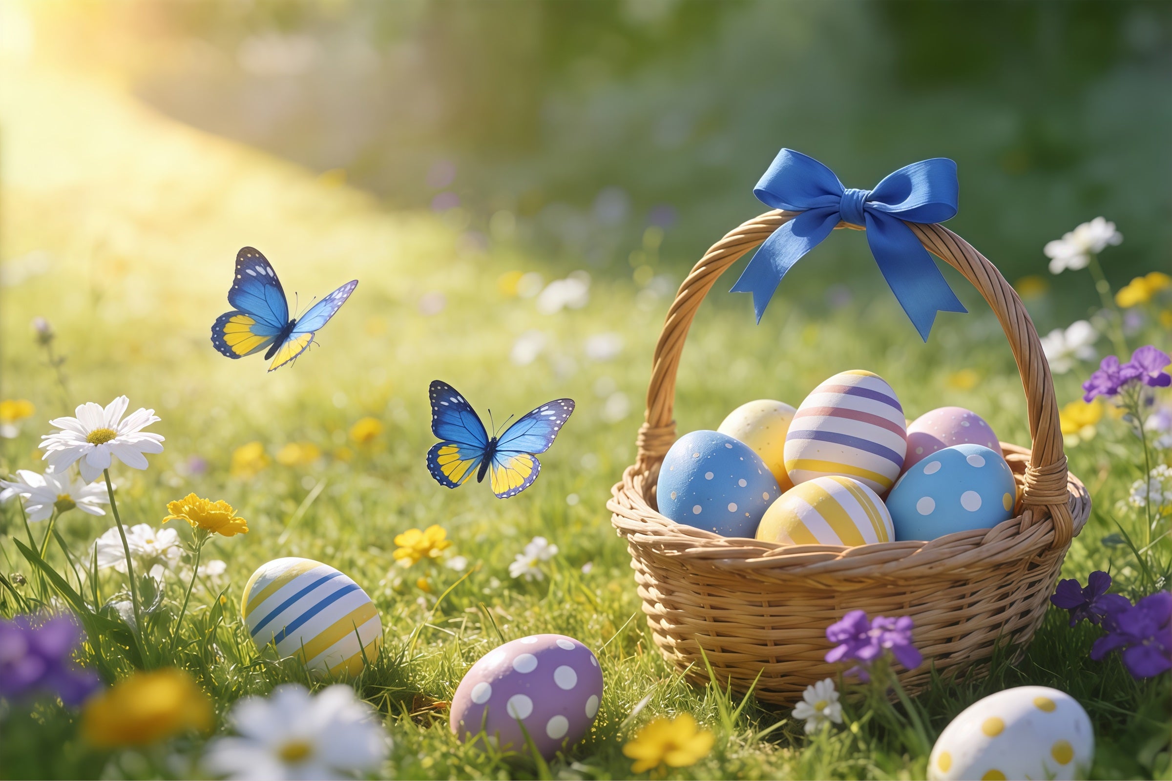 Easter Basket Backdrop Butterfly Egg Meadow Sunlight Easter Backdrops For Photography CSH61-59