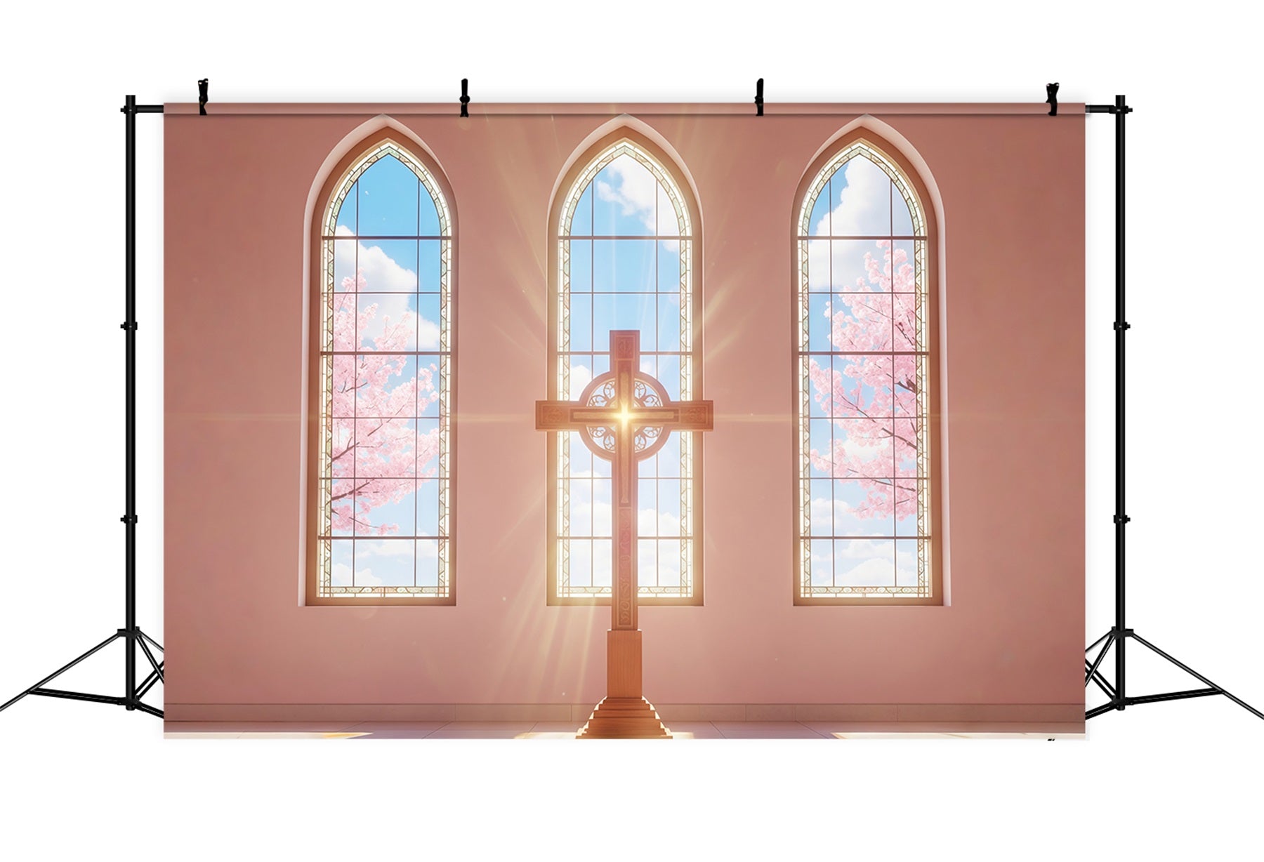 Easter Photo Backdrop For Church Sunlit Church Windows Cross Happy Easter Backdrop CSH61-6