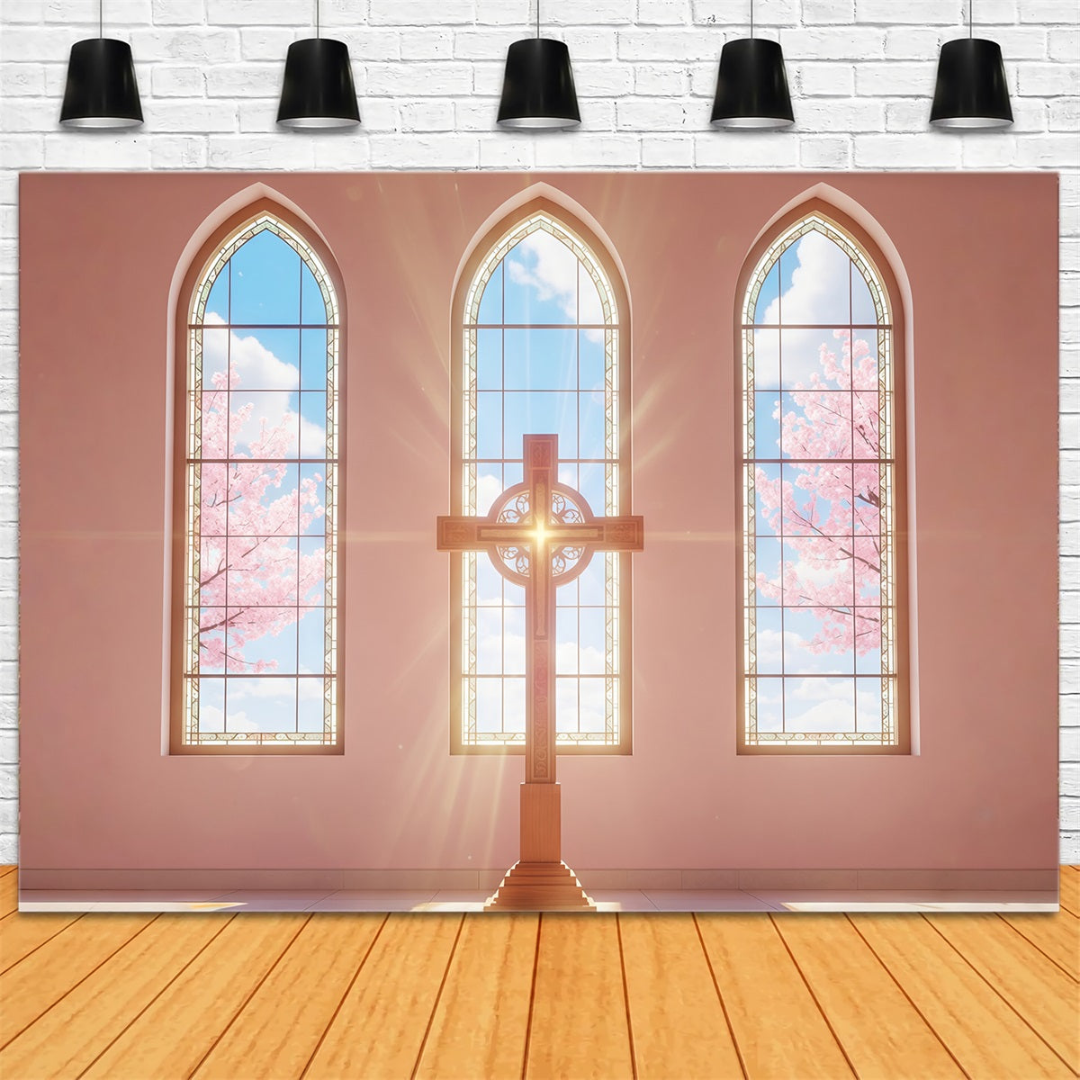 Easter Photo Backdrop For Church Sunlit Church Windows Cross Happy Easter Backdrop CSH61-6