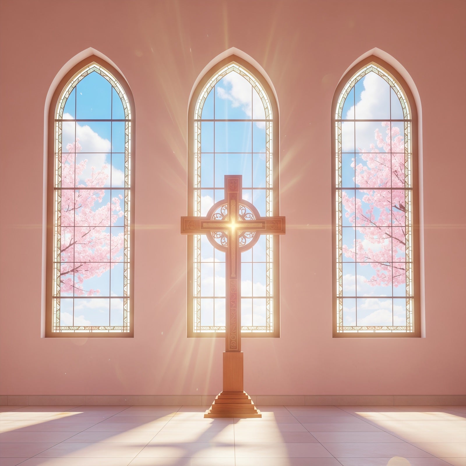 Easter Photo Backdrop For Church Sunlit Church Windows Cross Happy Easter Backdrop CSH61-6