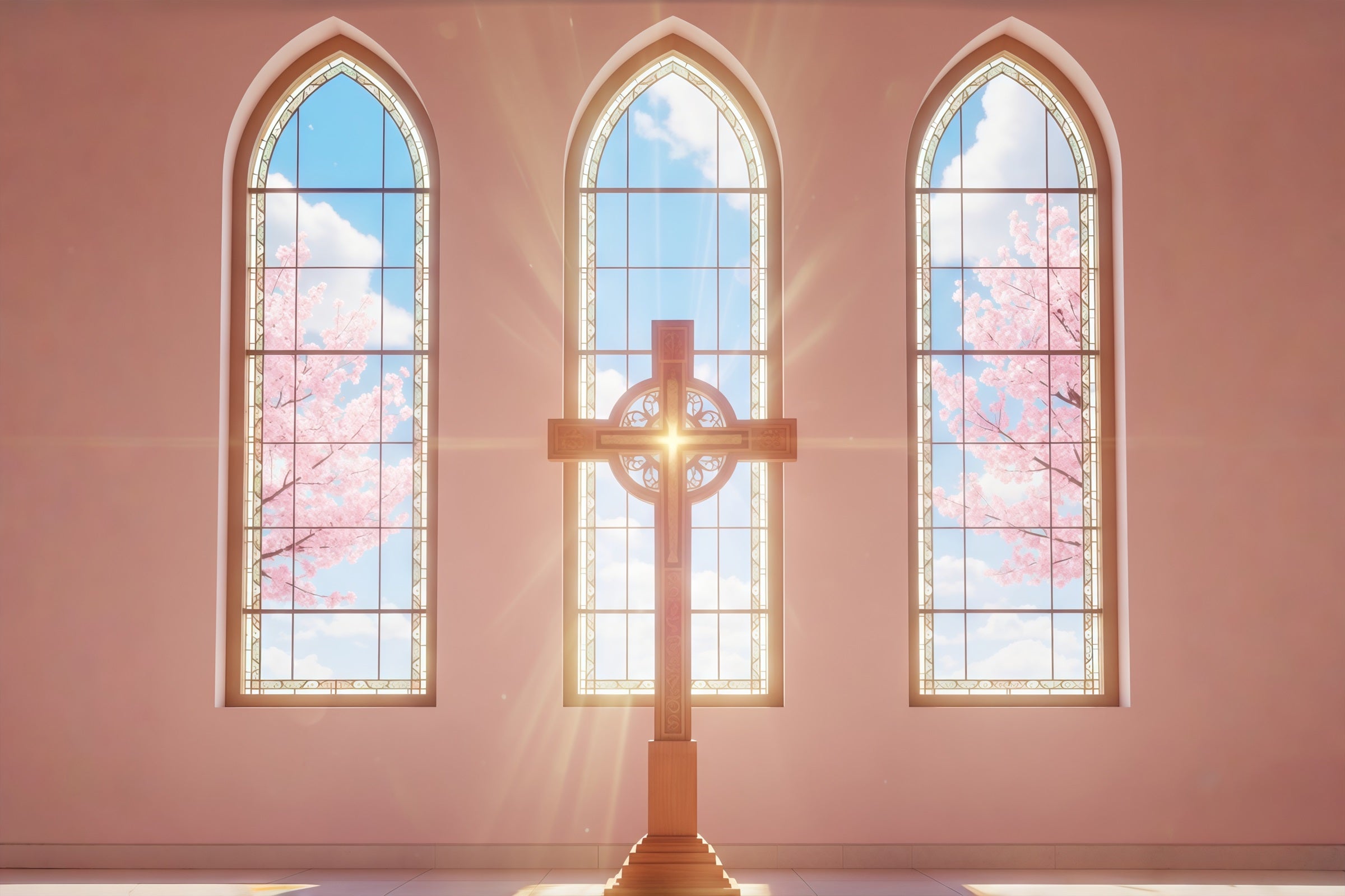 Easter Photo Backdrop For Church Sunlit Church Windows Cross Happy Easter Backdrop CSH61-6