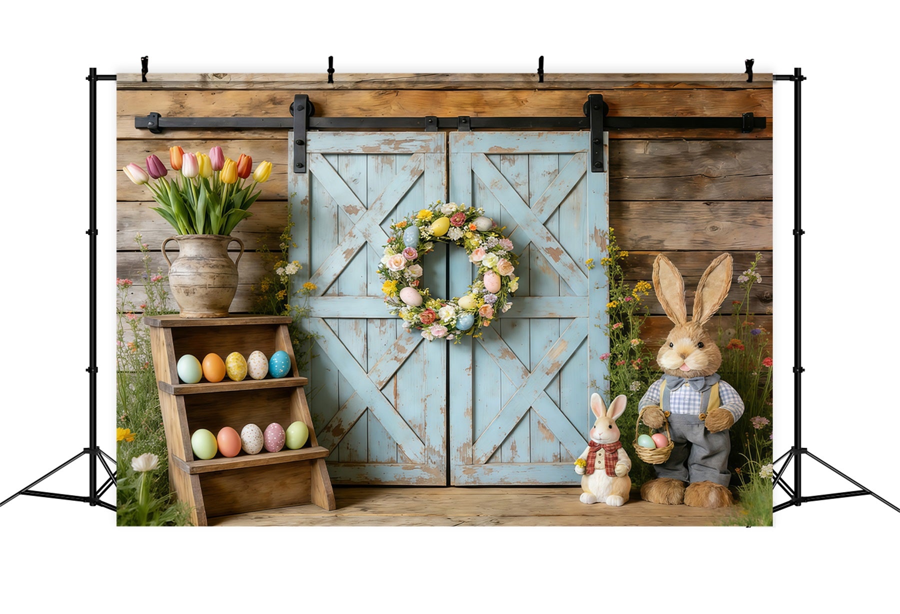 Easter Spring Floral Wreath Backdrop Rustic Blue Barn Door Wreath Easter Picture Backdrop Ideas CSH61-61