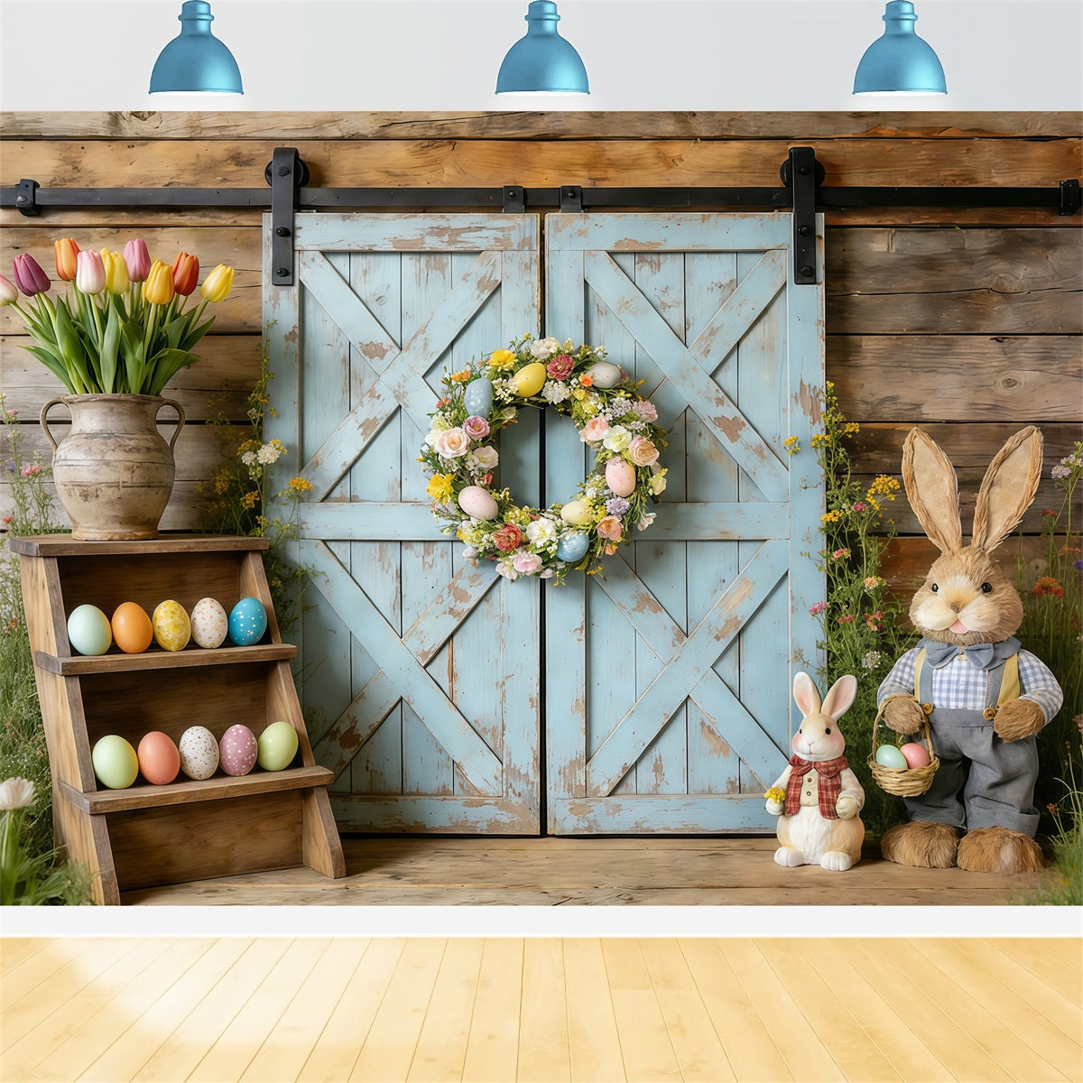 Easter Spring Floral Wreath Backdrop Rustic Blue Barn Door Wreath Easter Picture Backdrop Ideas CSH61-61