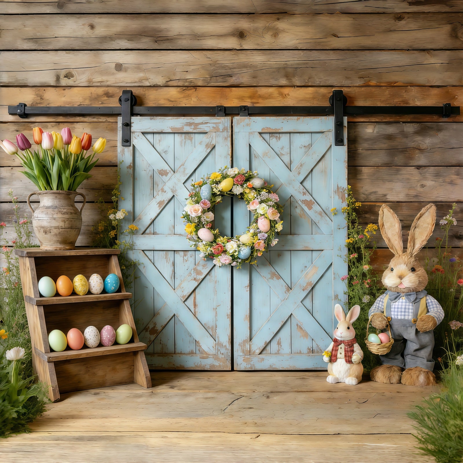Easter Spring Floral Wreath Backdrop Rustic Blue Barn Door Wreath Easter Picture Backdrop Ideas CSH61-61